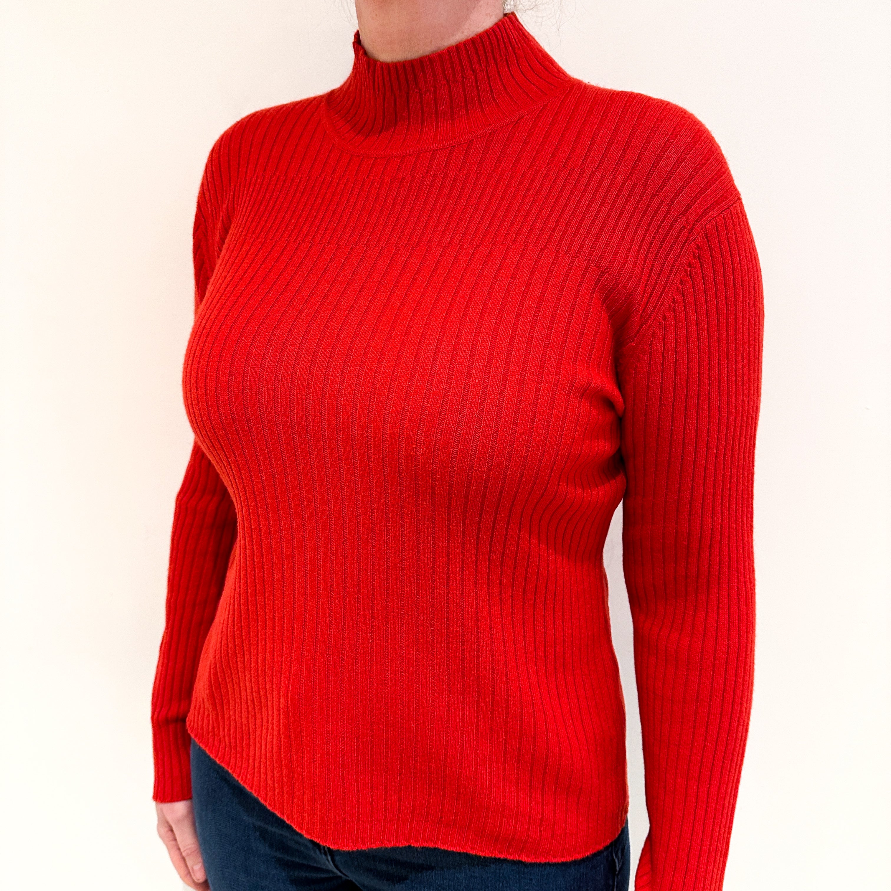 Scarlet Red Ribbed Cashmere Turtle Neck Jumper Large