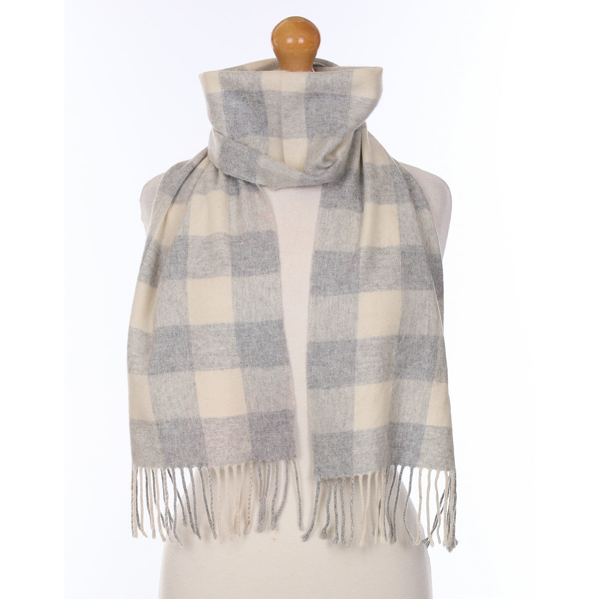 Grey And Cream Checked Cashmere Woven Scarf