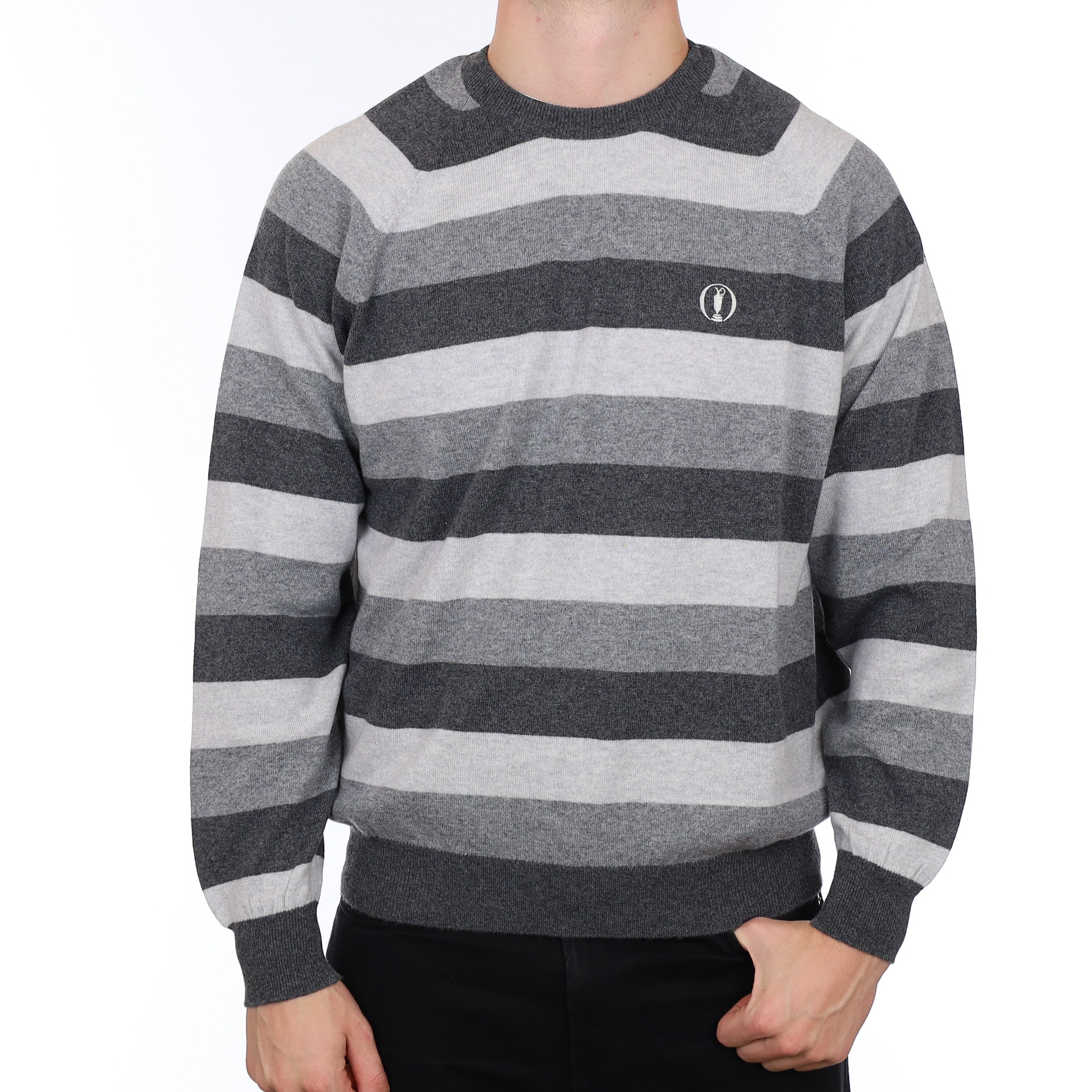 Men’s Brand New Scottish Hawico Golf Grey Stripe Cashmere Crew Neck Jumper XXL