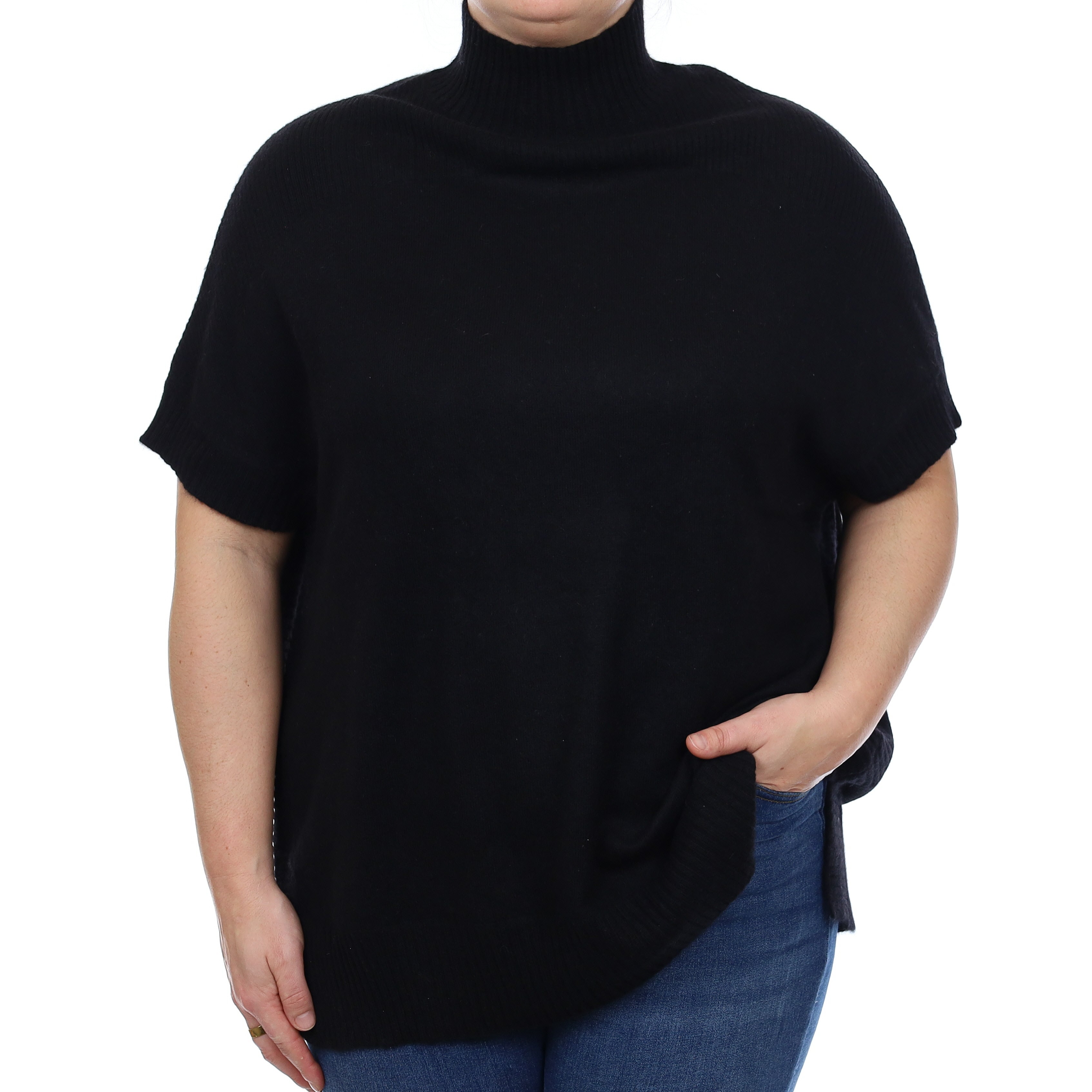 Black Cashmere Slouchy Capped Sleeve Turtle Neck Tunic Large