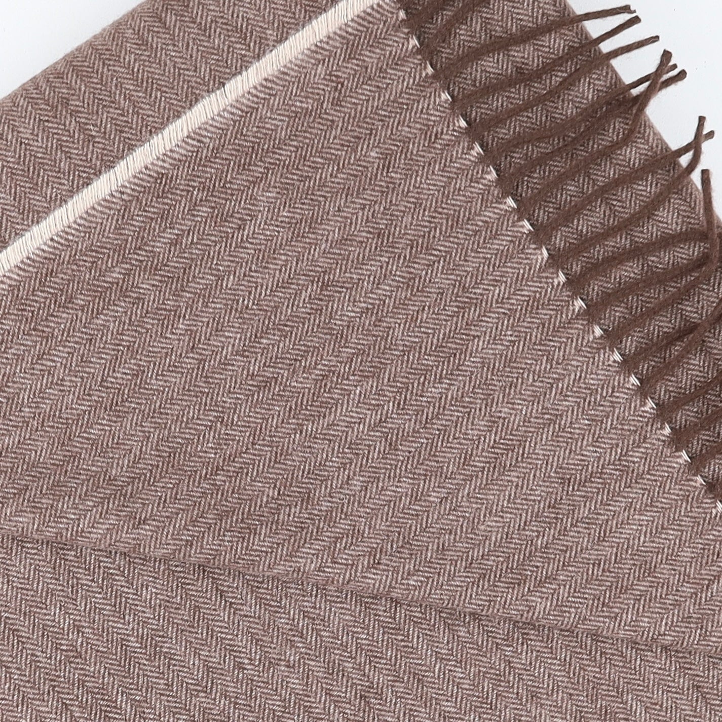 Brand New English Chocolate Brown and Beige Herringbone Luxury Woven Cashmere Blanket