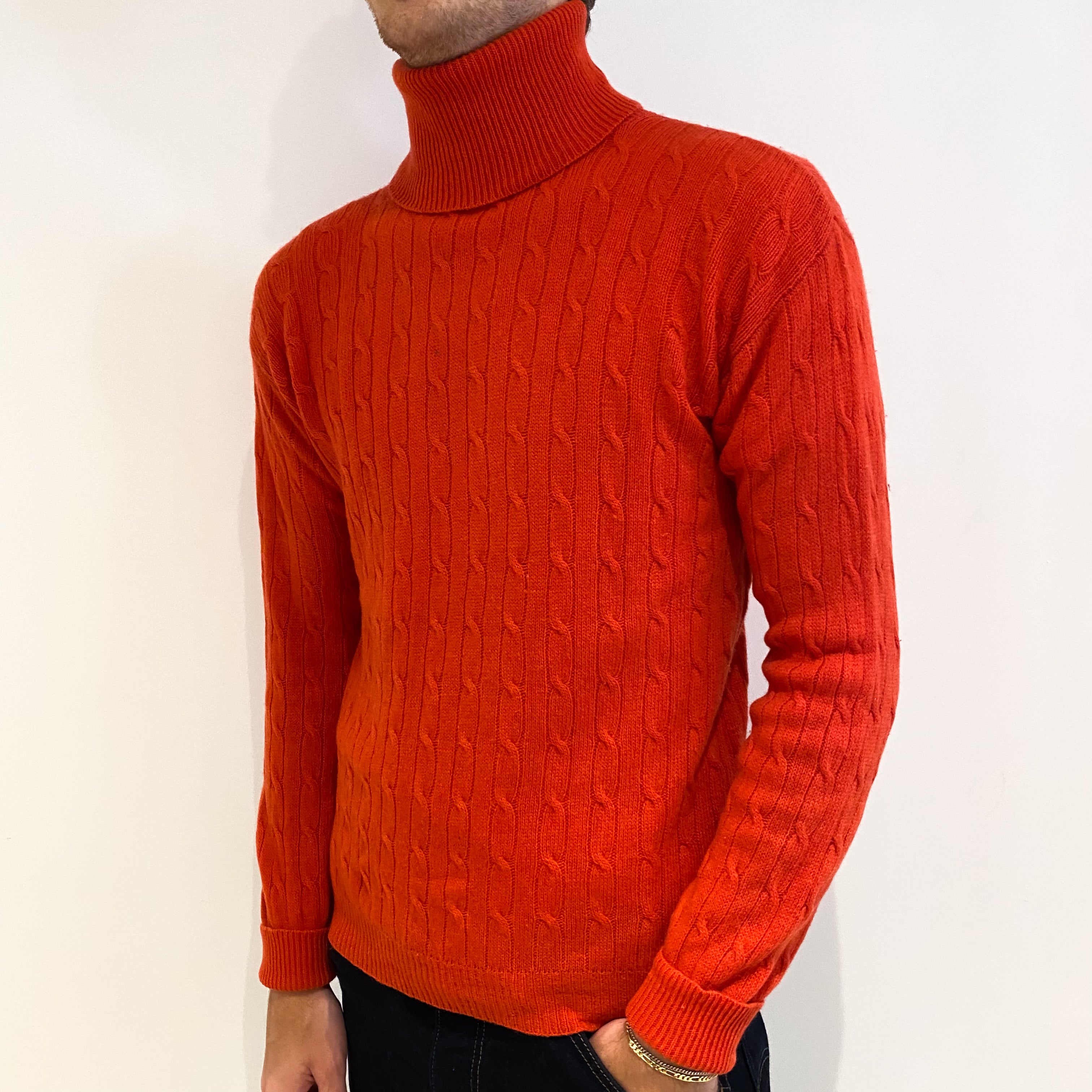 Men's Vintage Fiery Orange Cable Cashmere Polo Neck Jumper Medium