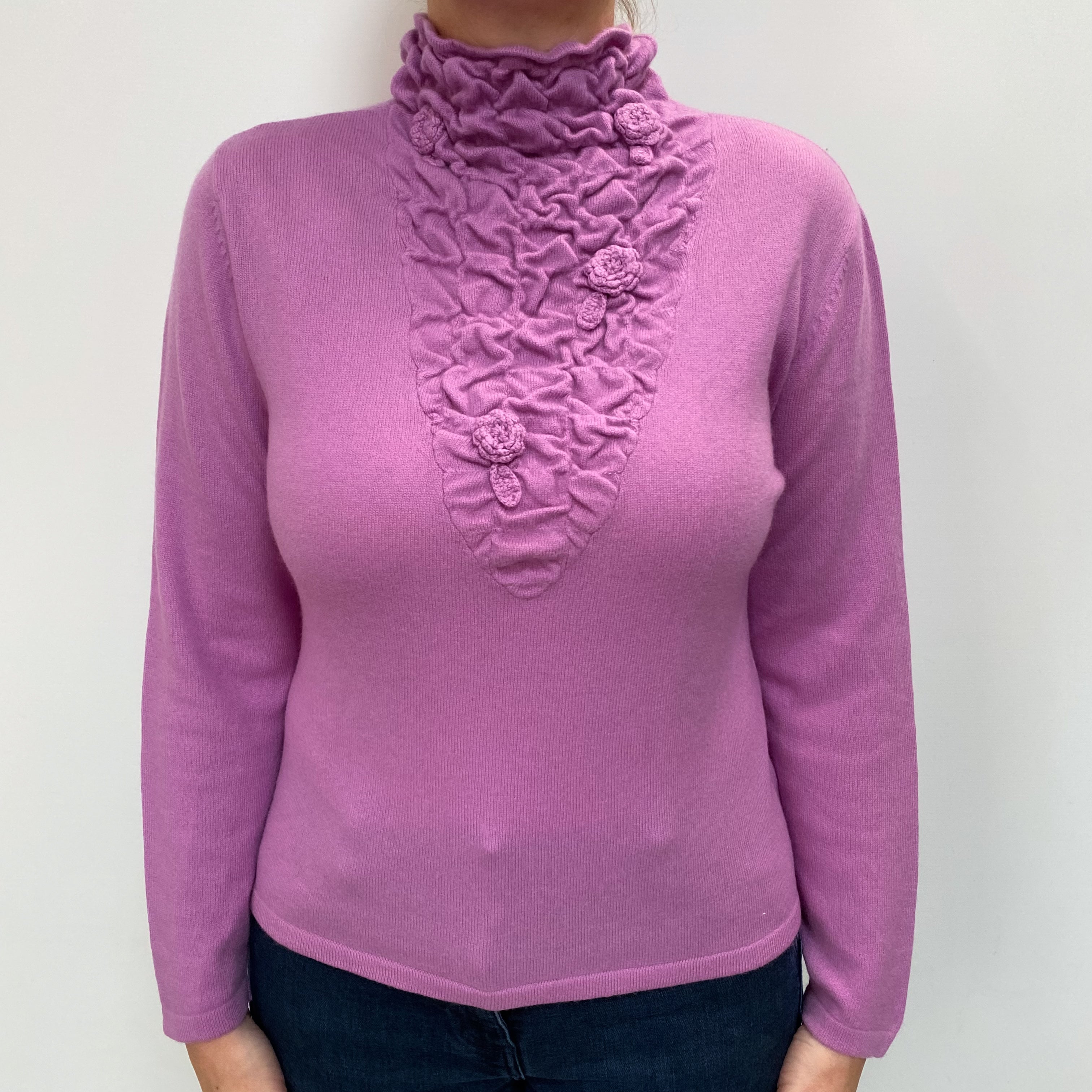 Lilac Purple Cashmere Ruched Turtle Neck Jumper Large