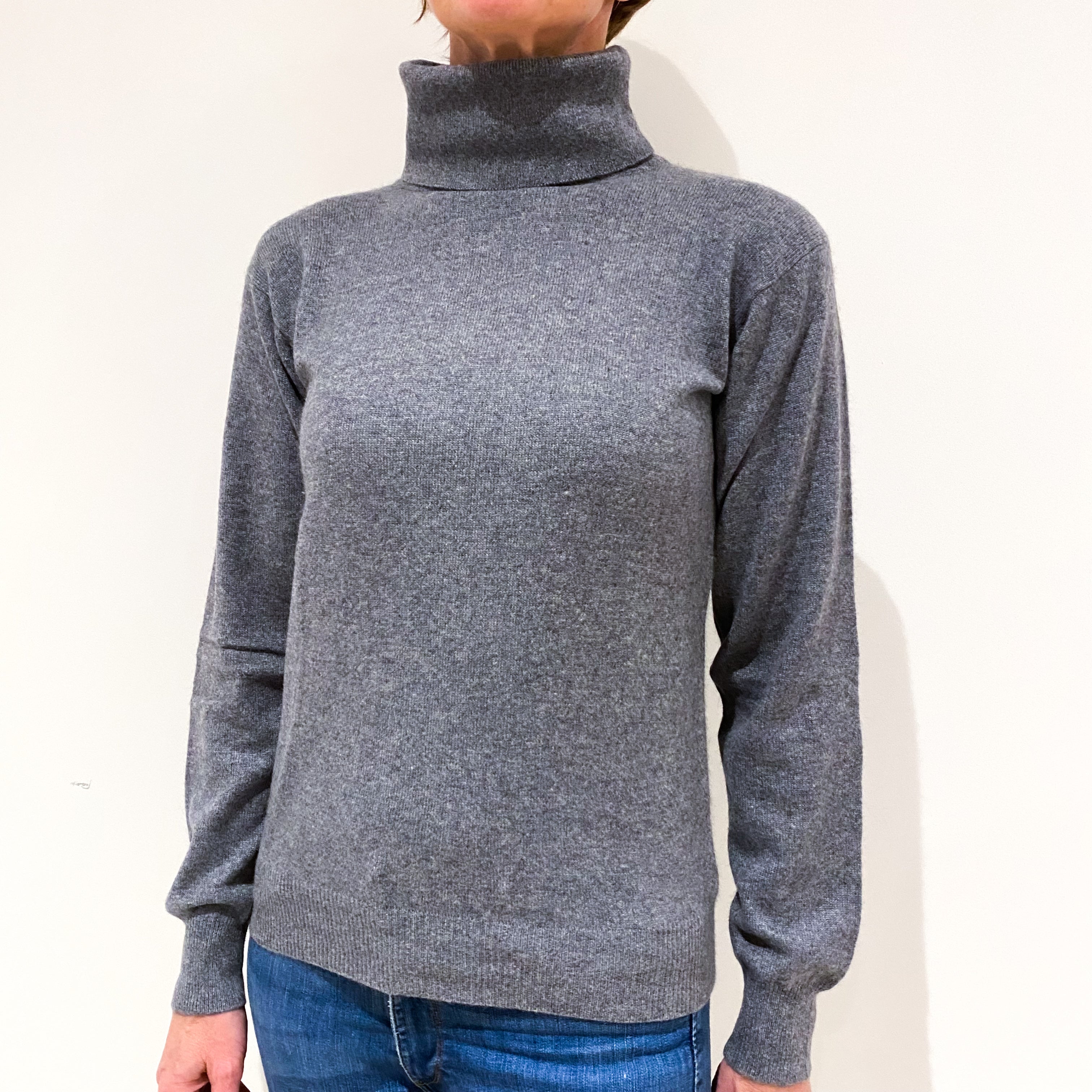 Ash Grey Cashmere Polo Neck Jumper Small