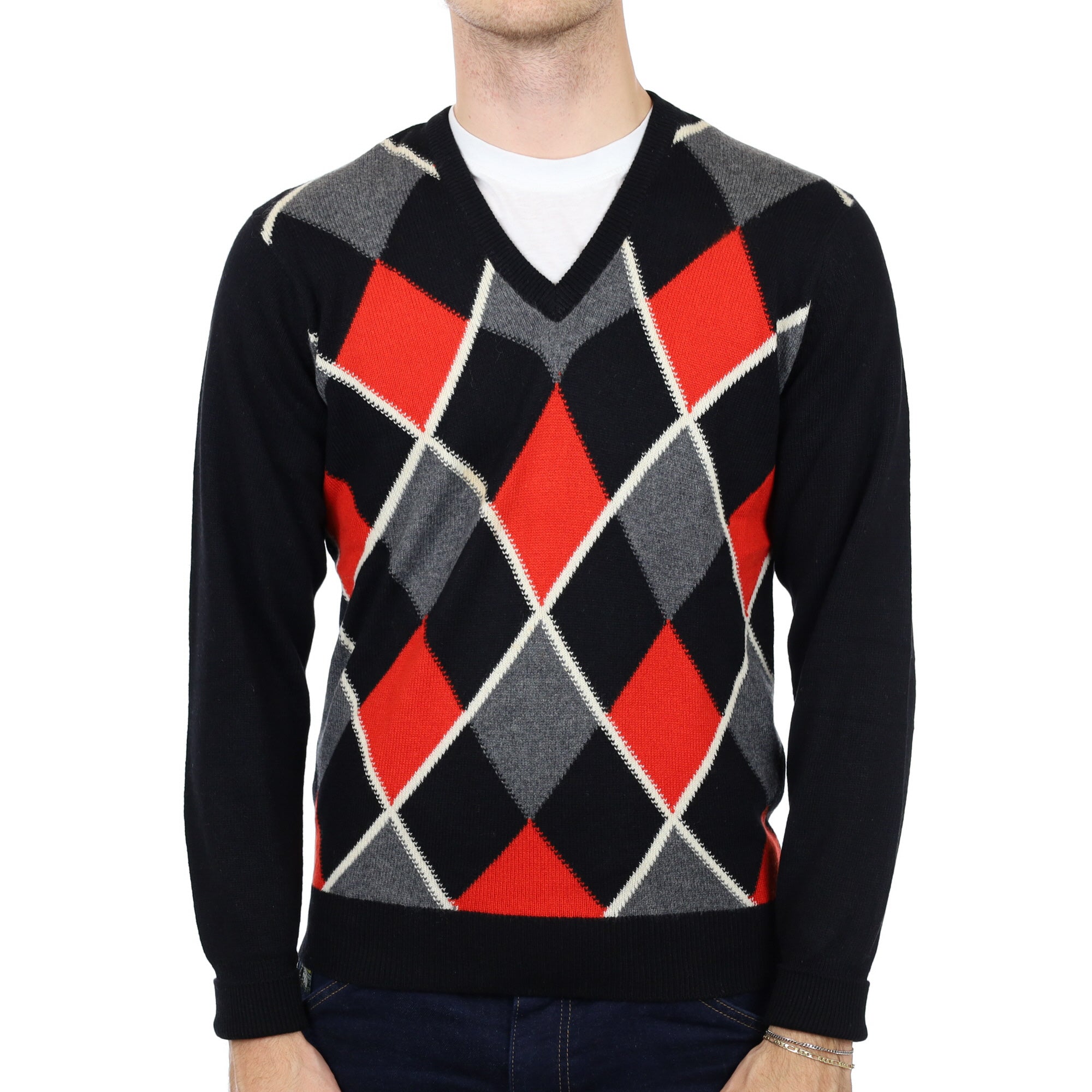 Men's Scottish Black Argyle Cashmere V Neck Jumper Medium