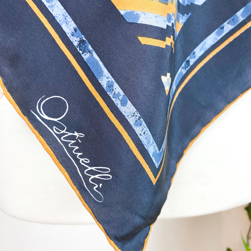 Ostinelli Navy Abstract Striped Vintage Silk Scarf