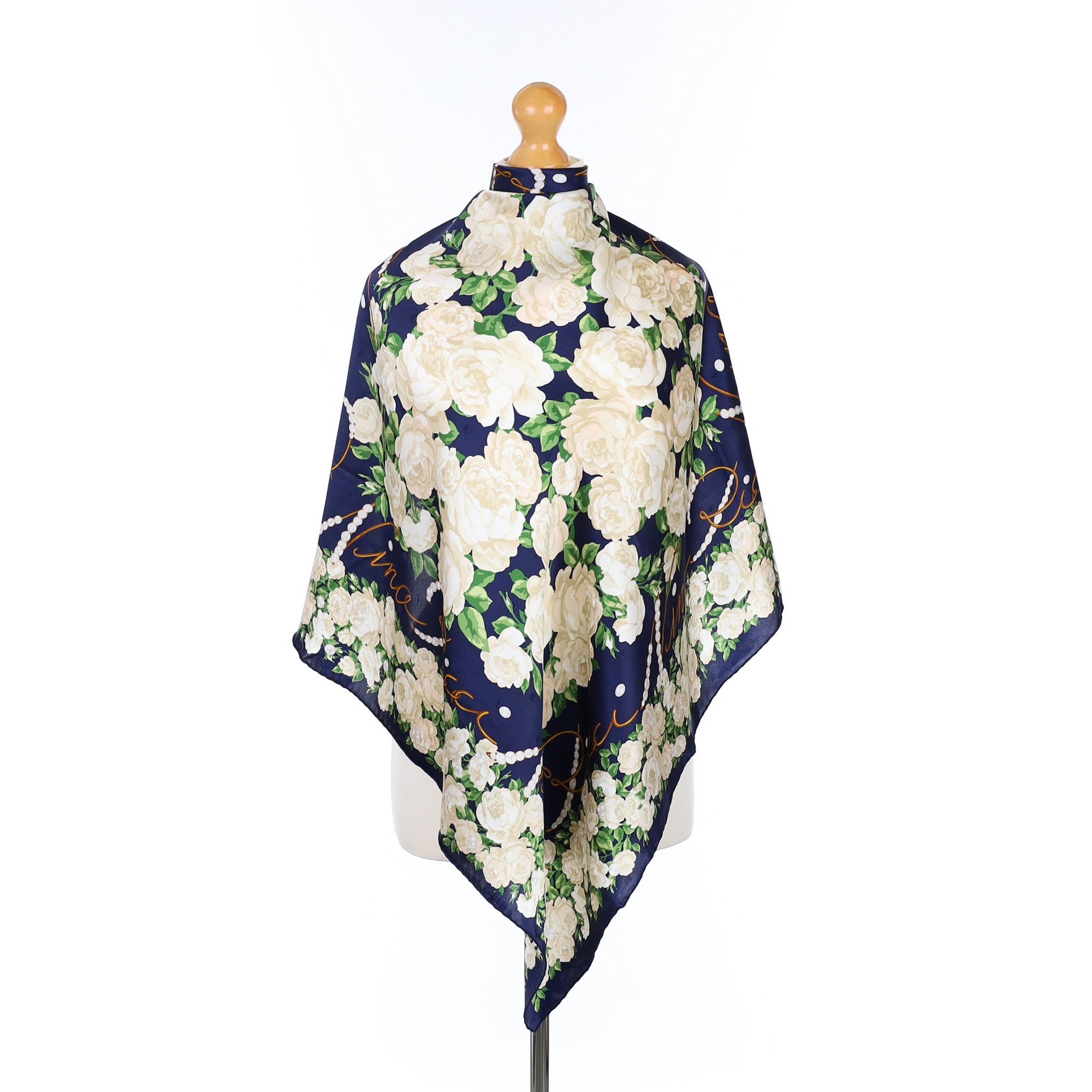 Nina Ricci Navy Blue and White Floral Silk Scarf
