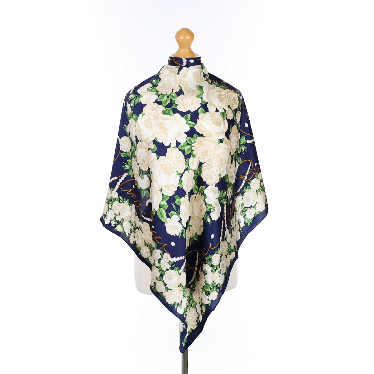 Nina Ricci Navy Blue and White Floral Silk Scarf