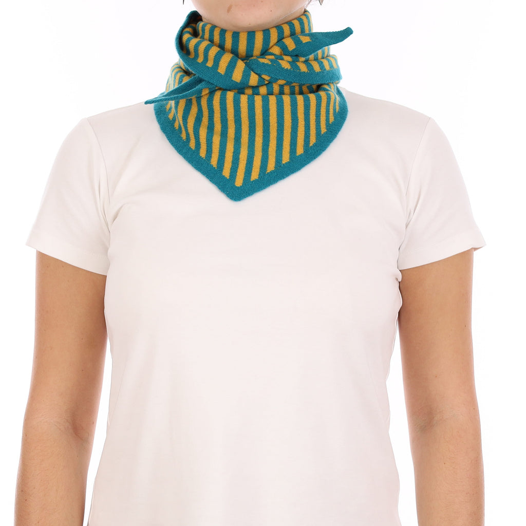 Brand New Teal and Mustard Striped Recycled Cashmere Triangle Scarf