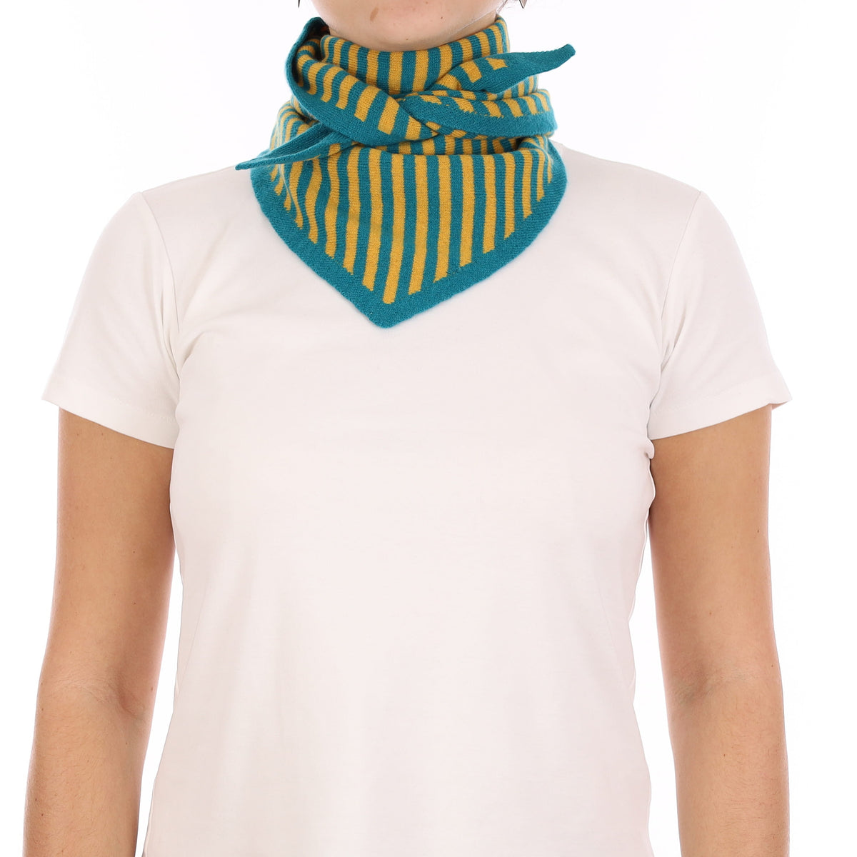 Brand New Teal and Mustard Striped Recycled Cashmere Triangle Scarf