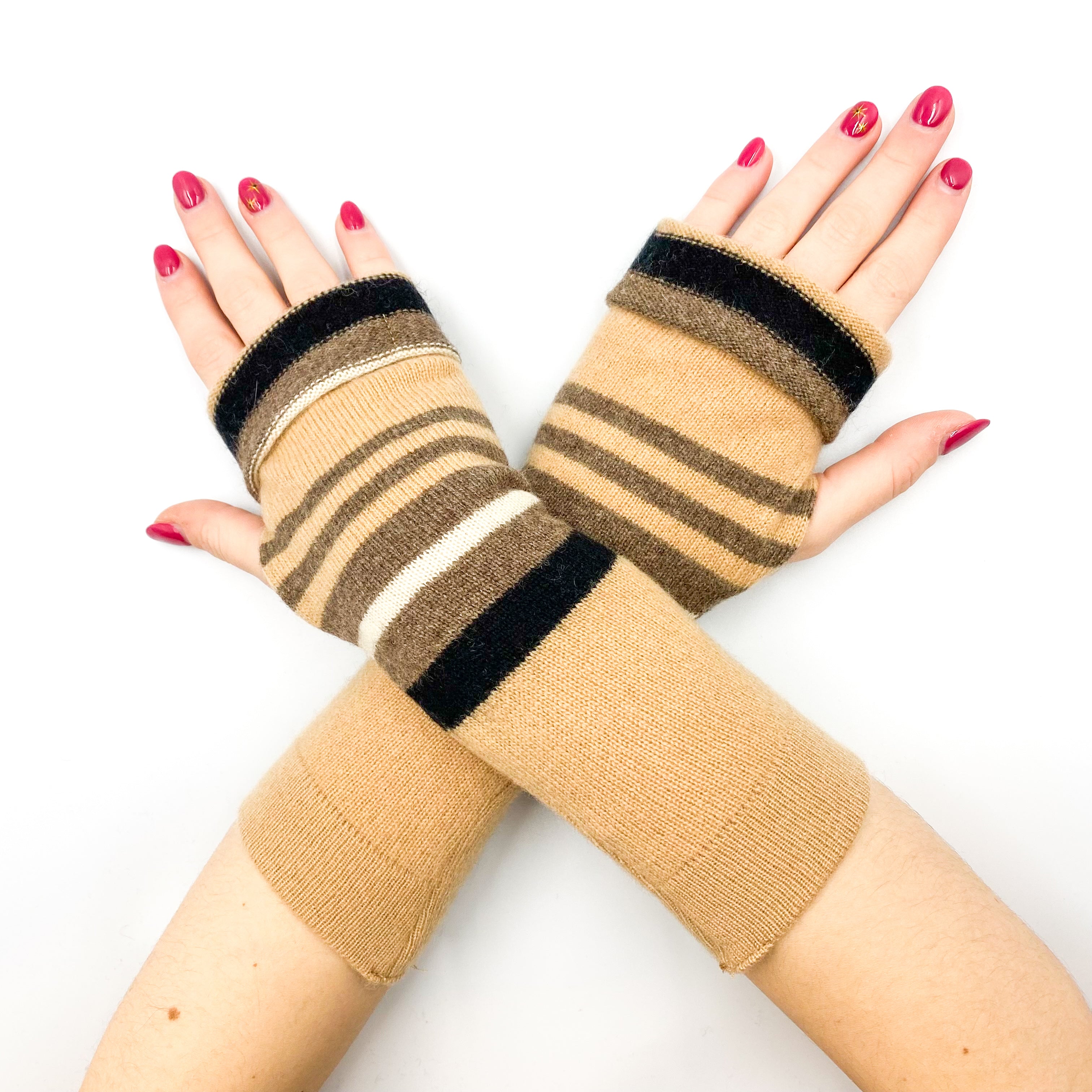 Caramel and Mocha Stripe Fingerless Gloves