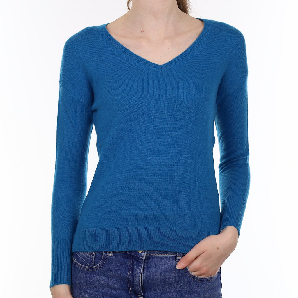 Peacock Blue Cashmere V Neck Jumper Extra Small
