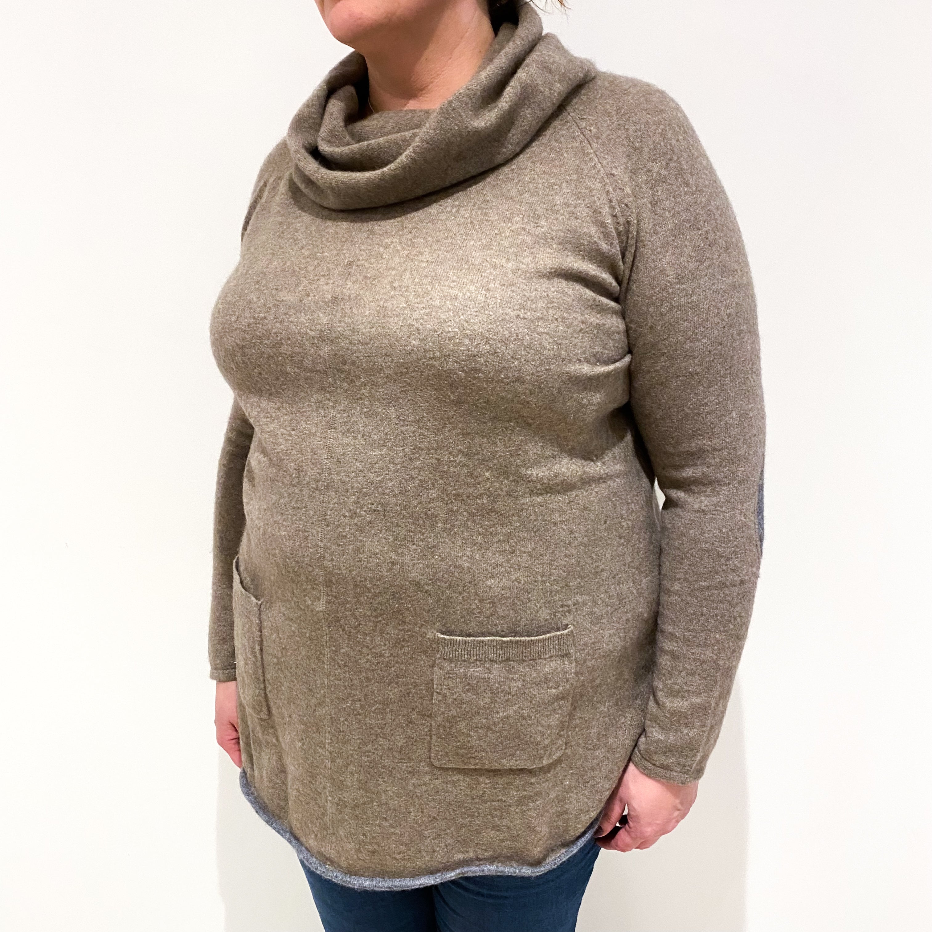 Taupe Brown Cowl Neck Jumper With Pockets Extra Large