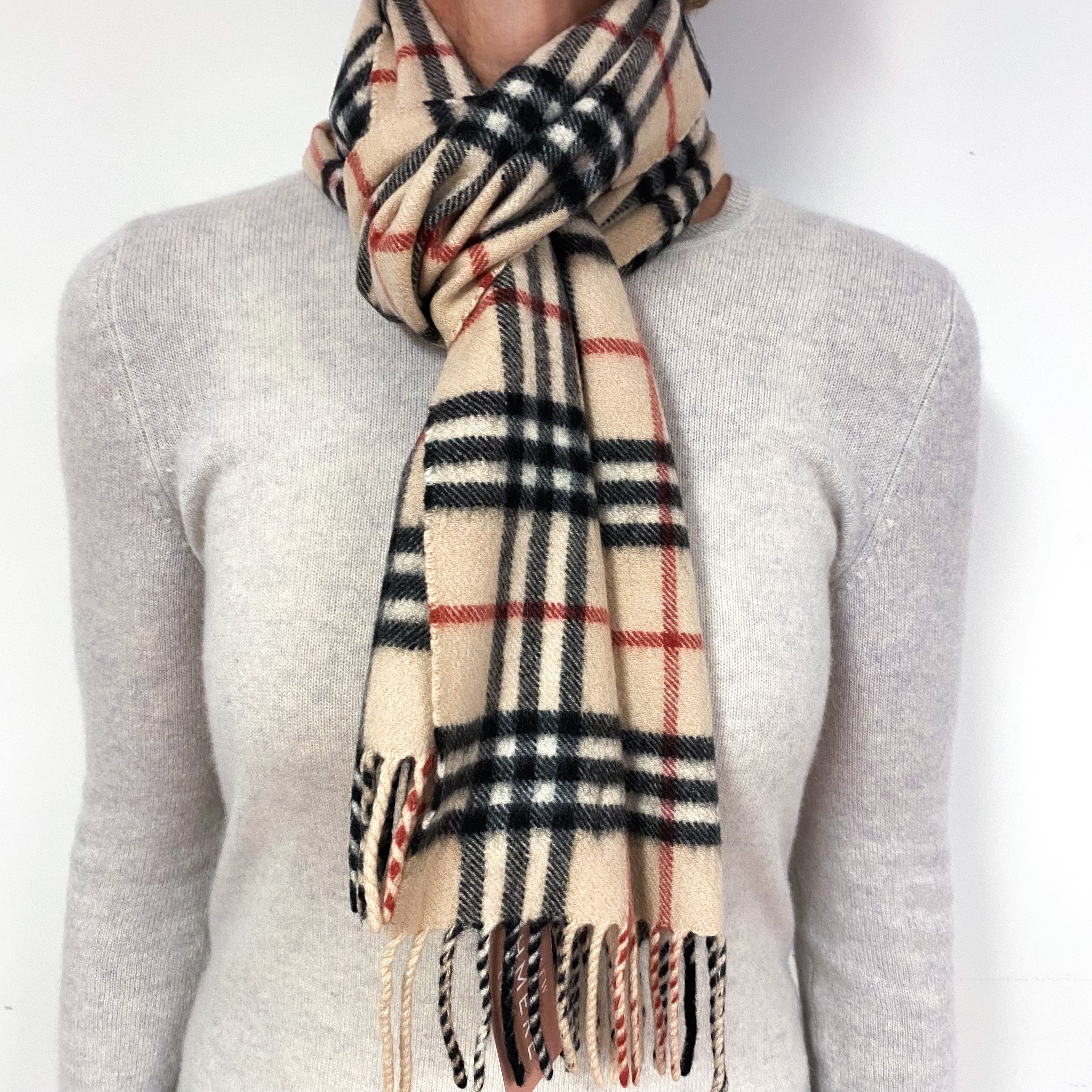 Beige Black and Red Fringed Cashmere Woven Scarf
