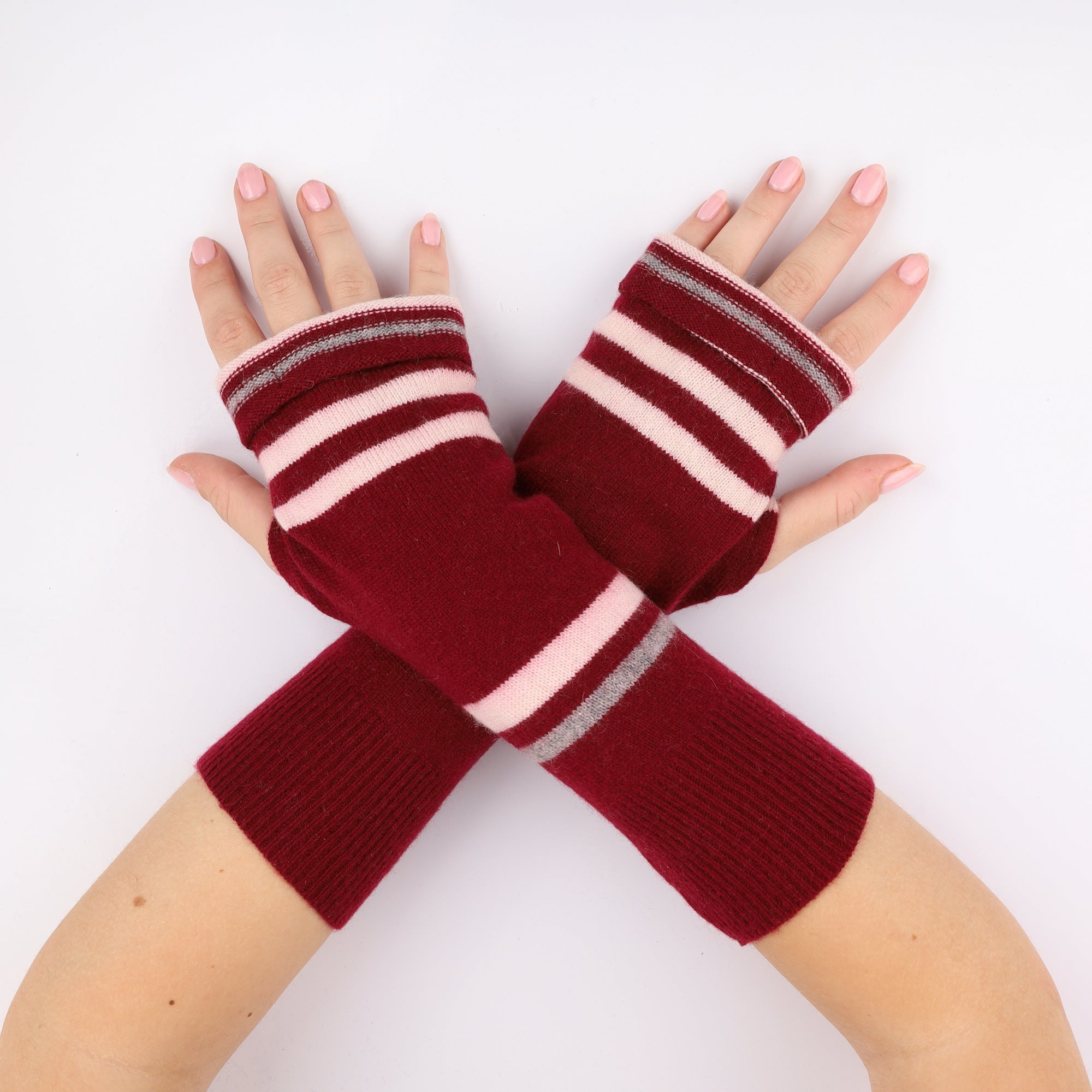 Burgundy and Pink Striped Fingerless Gloves
