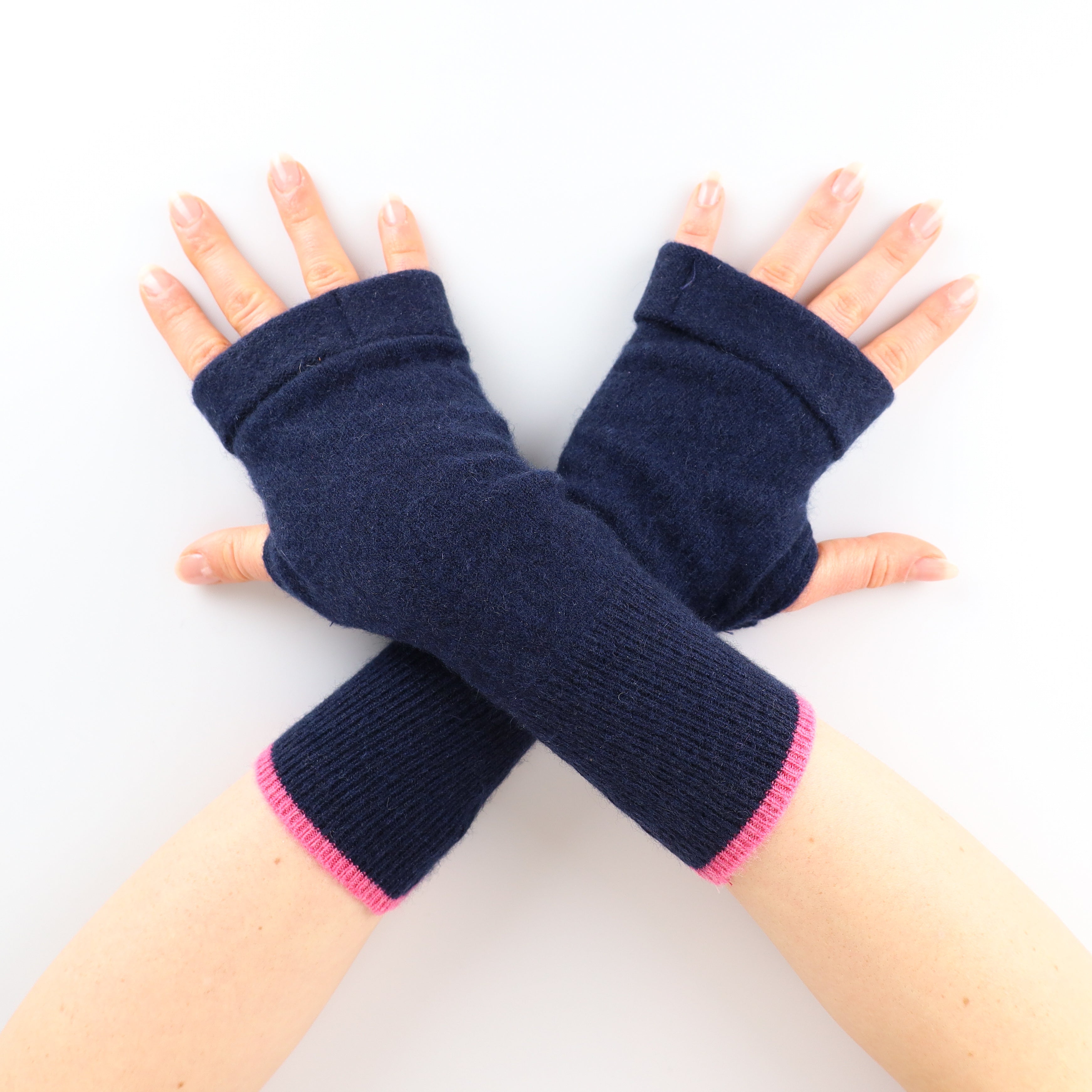 Navy with Pink Trim Fingerless Gloves