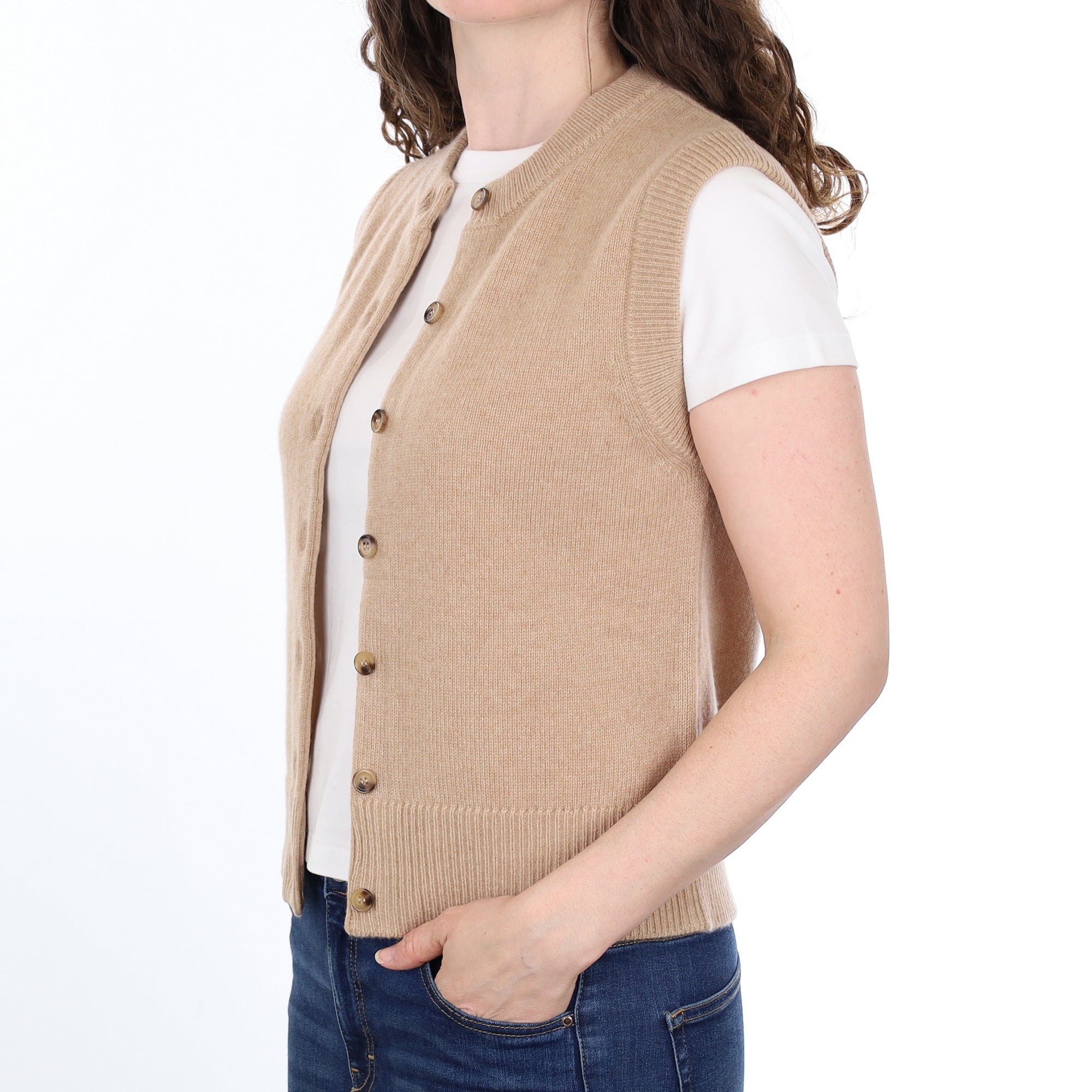 Brand New Caramel Luxury Cashmere Crew Neck Waistcoat Small UK 8-10