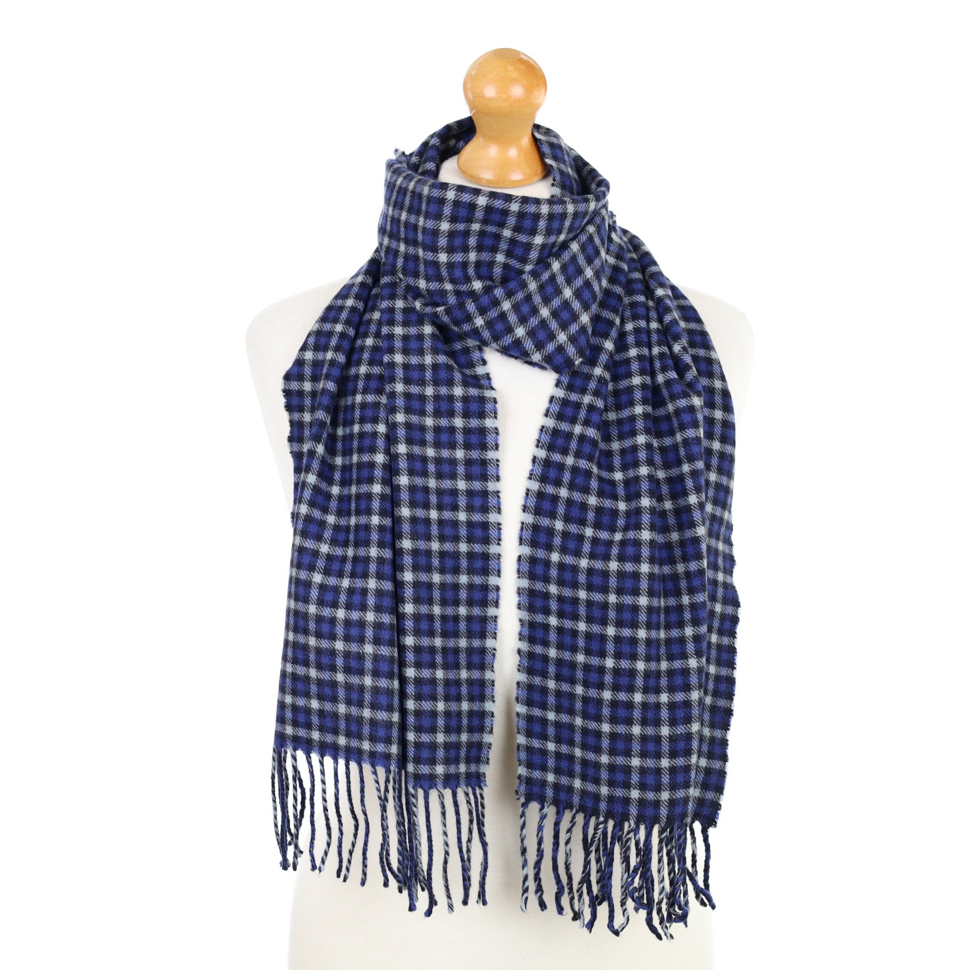 Blue and Black Checked Fringed Cashmere Woven Scarf