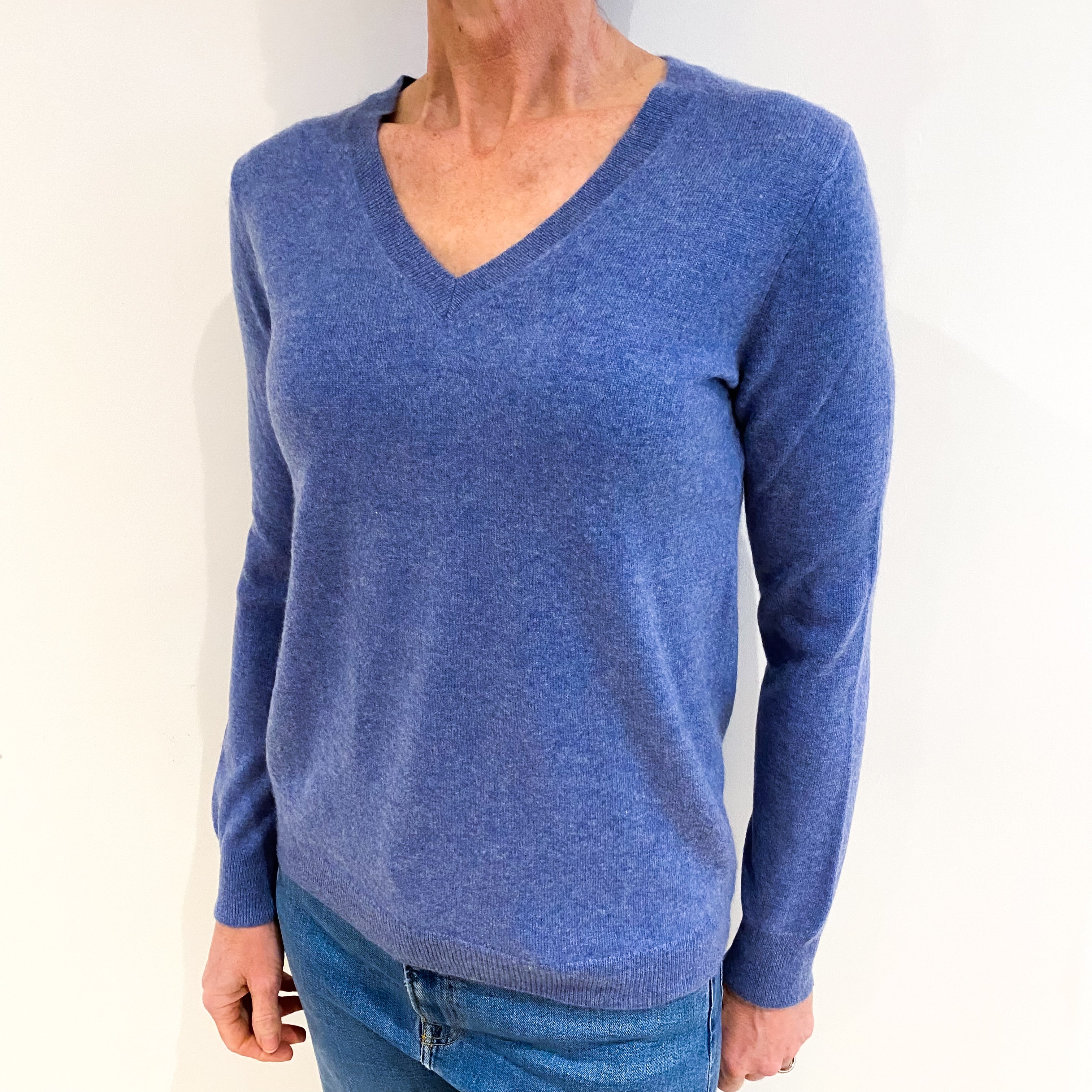Denim Blue Cashmere V Neck Jumper Small
