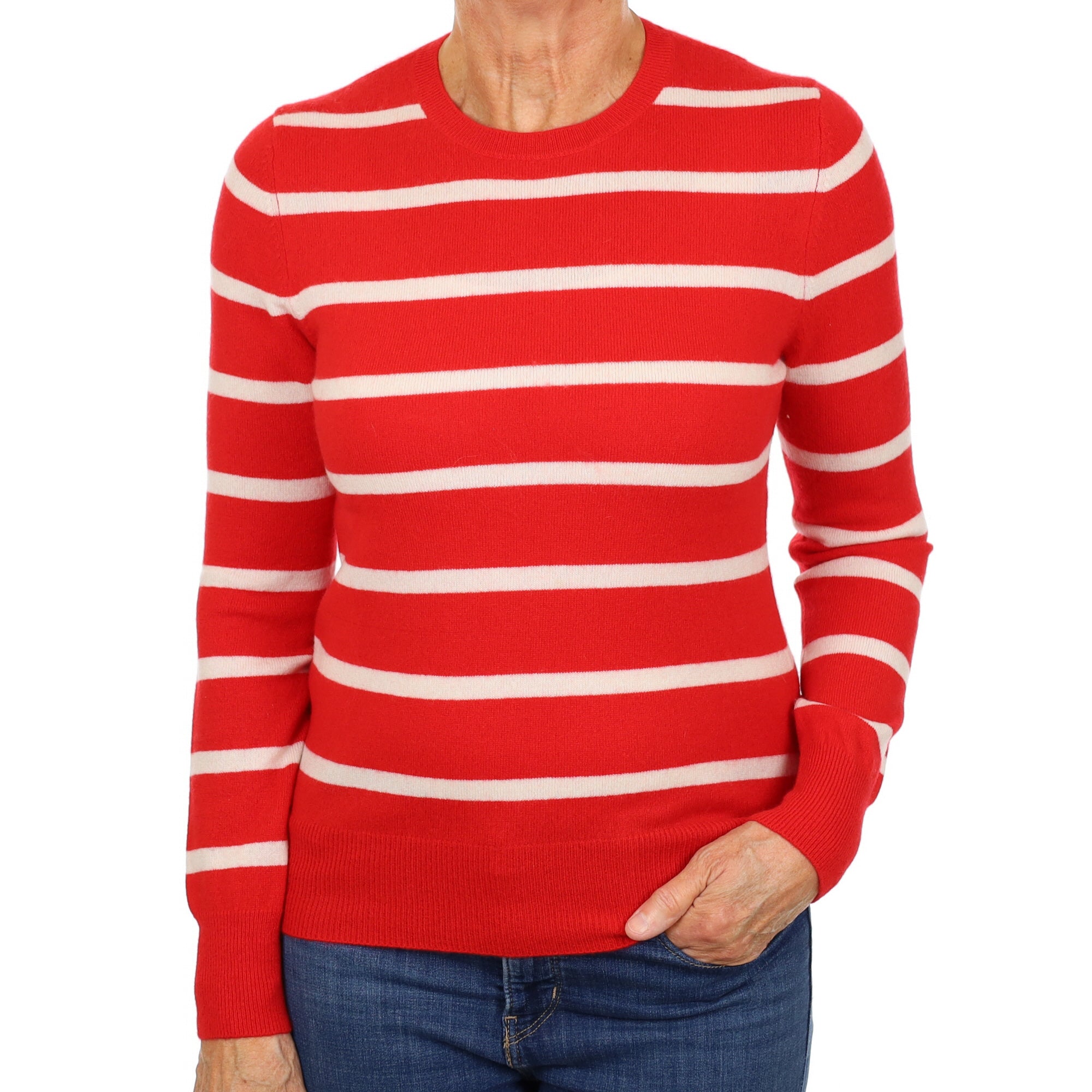 Scarlet and Ivory Stripe Cashmere Crew Neck Jumper Medium