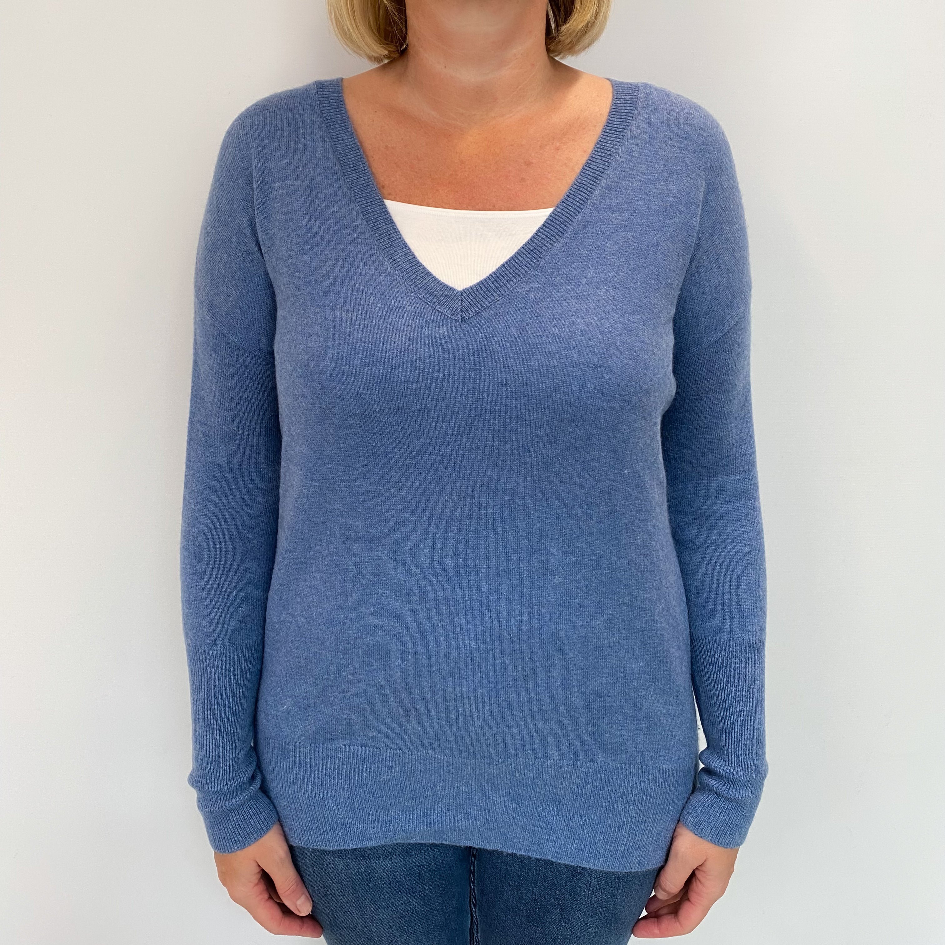 Denim Blue Cashmere V Neck Jumper Large