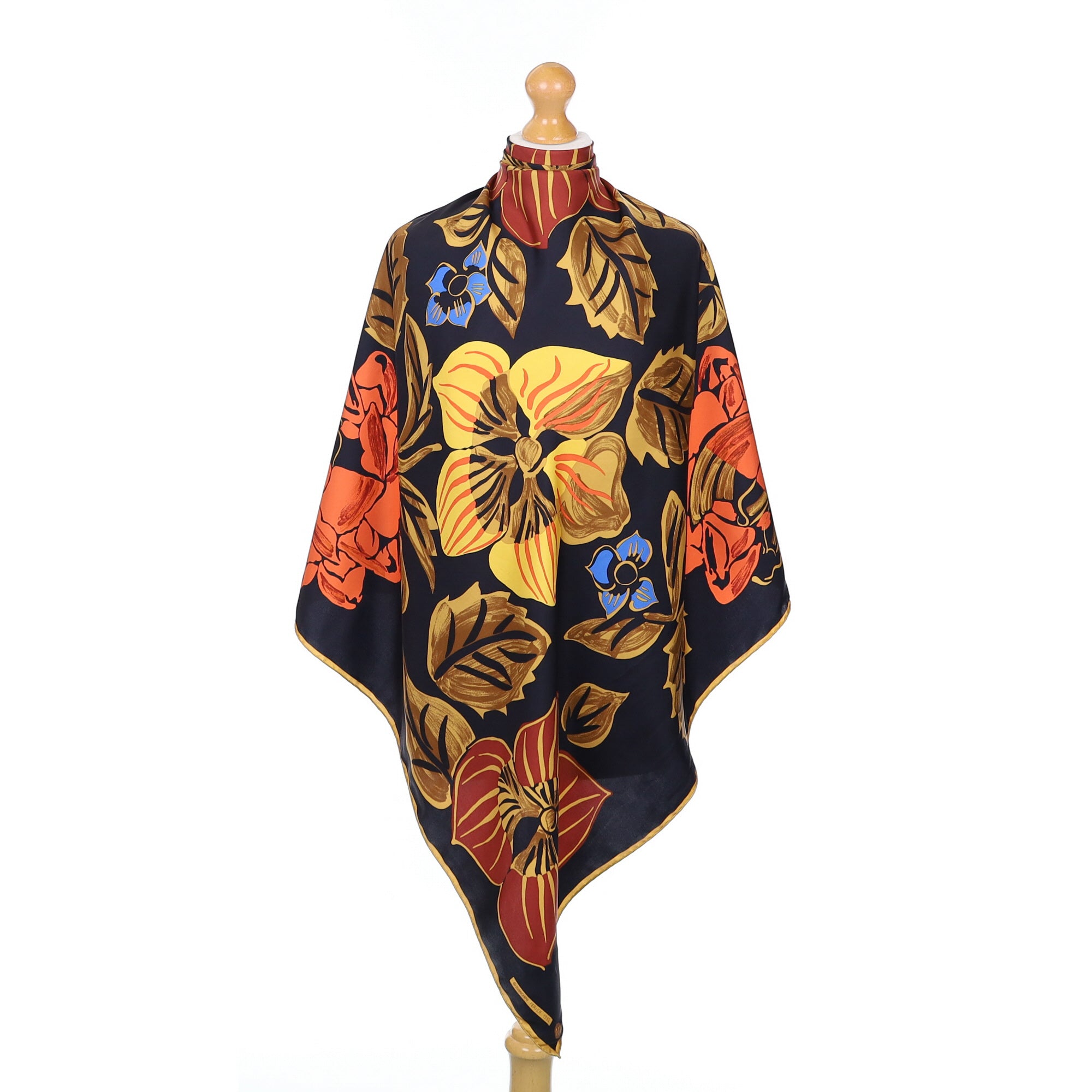 Bianchini Ferier Black & Gold Floral Vintage Silk Scarf