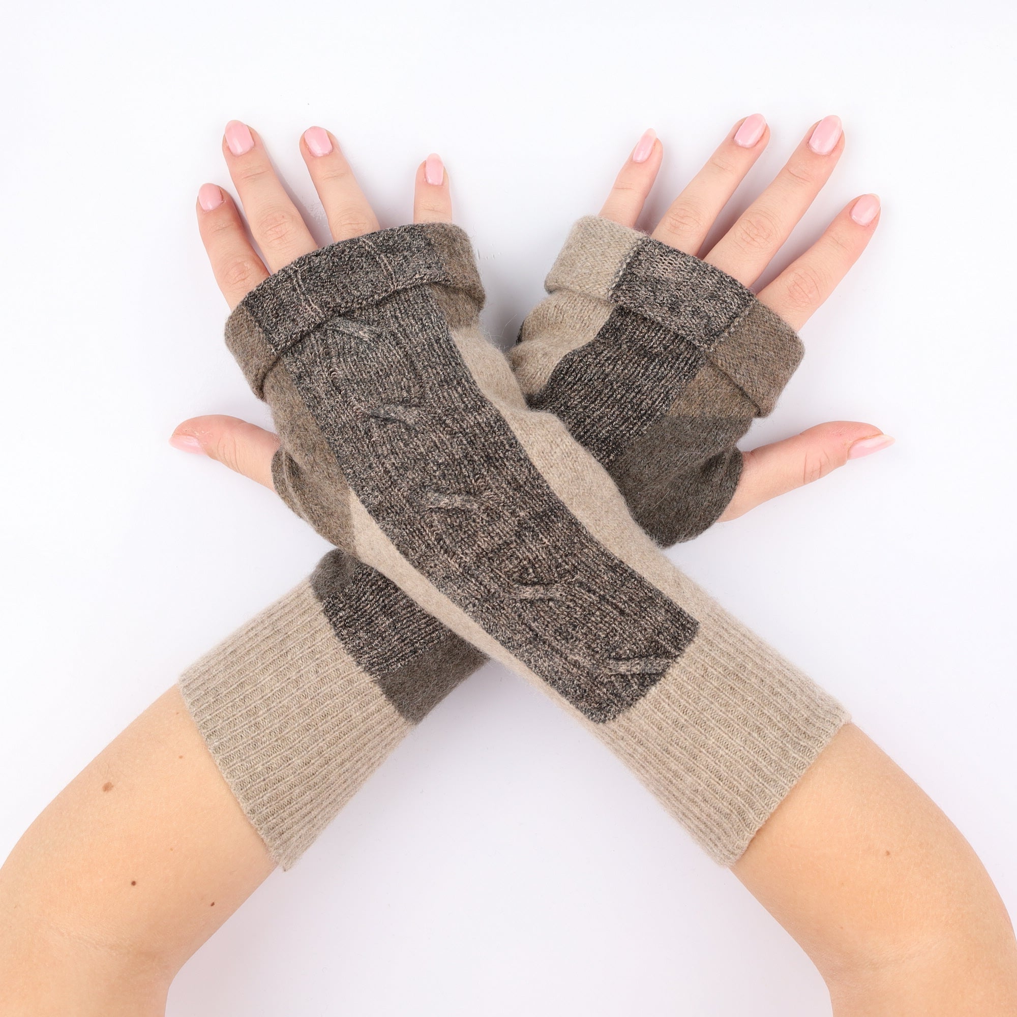 Beige Colour Block Fingerless Gloves