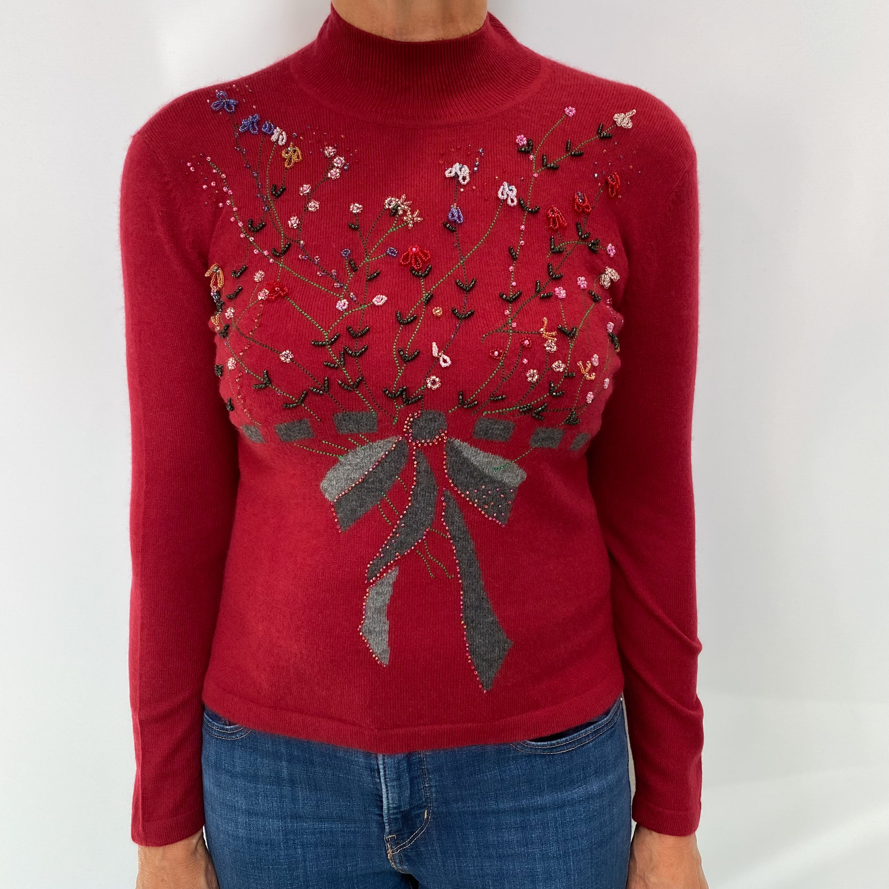 Deep Crimson Red Embellished Cashmere Turtle Neck Jumper Medium