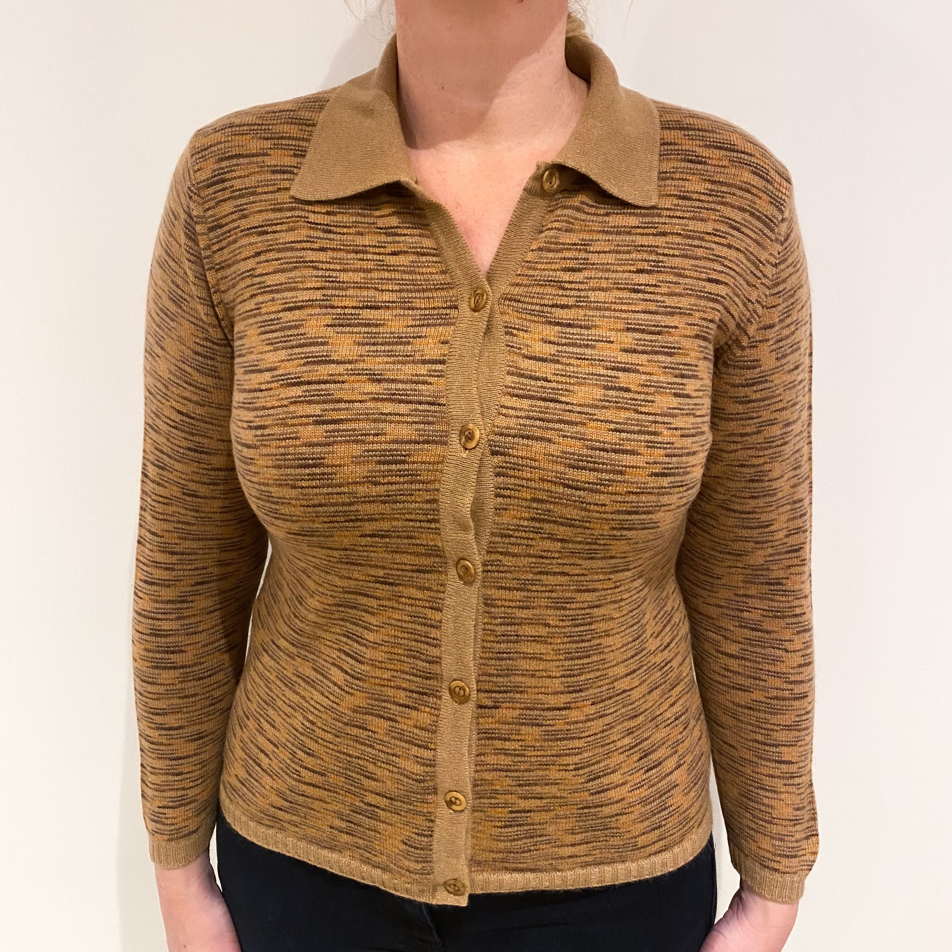 Butterscotch Brown and Mustard Cashmere Collared Crew Cardigan Large