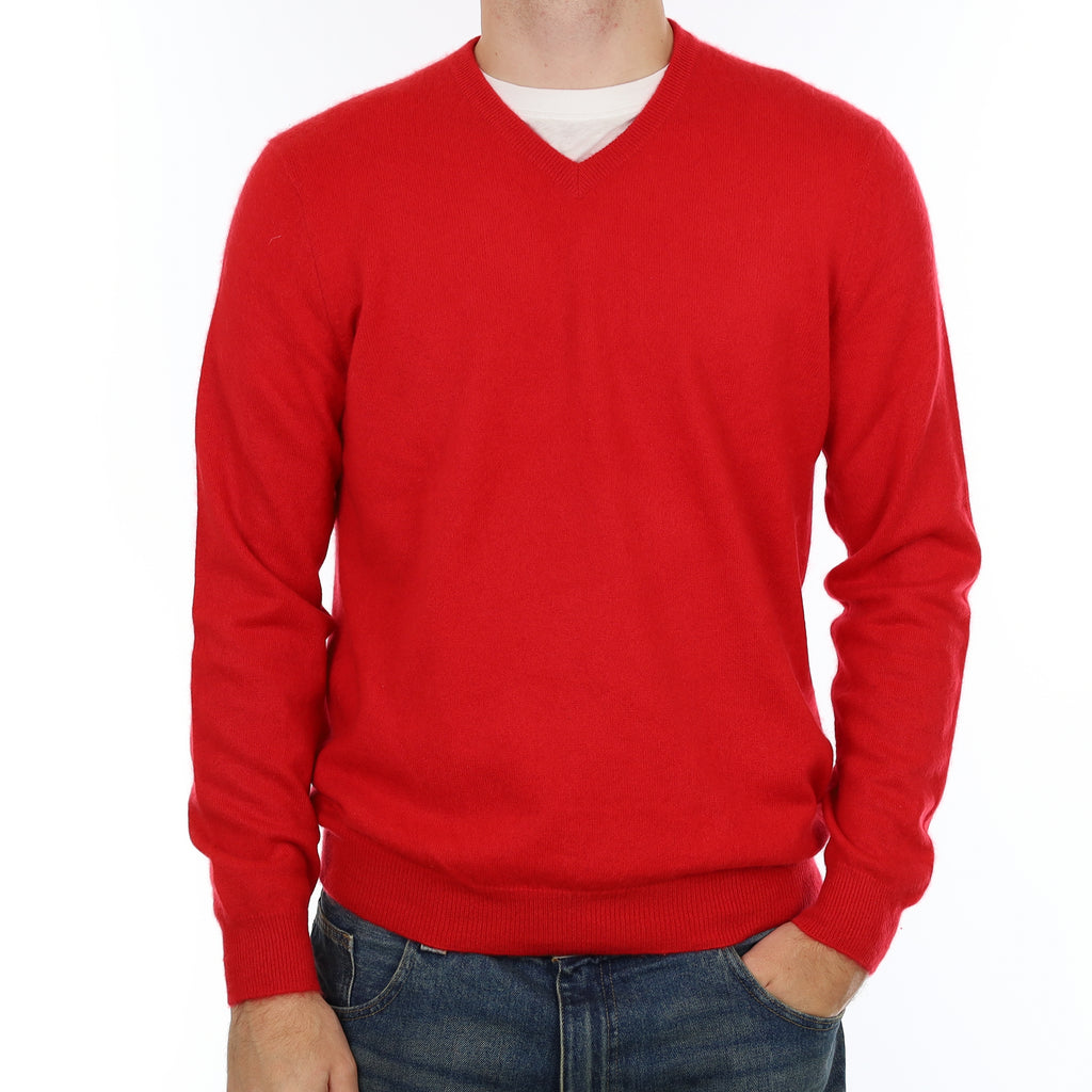 Men’s Spanish Red Cashmere V Neck Jumper Large