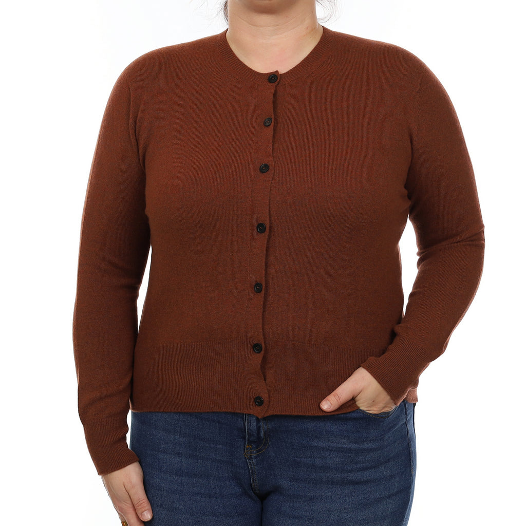 Brand New Scottish Rust Brown Cashmere Crew Neck Cardigan Large