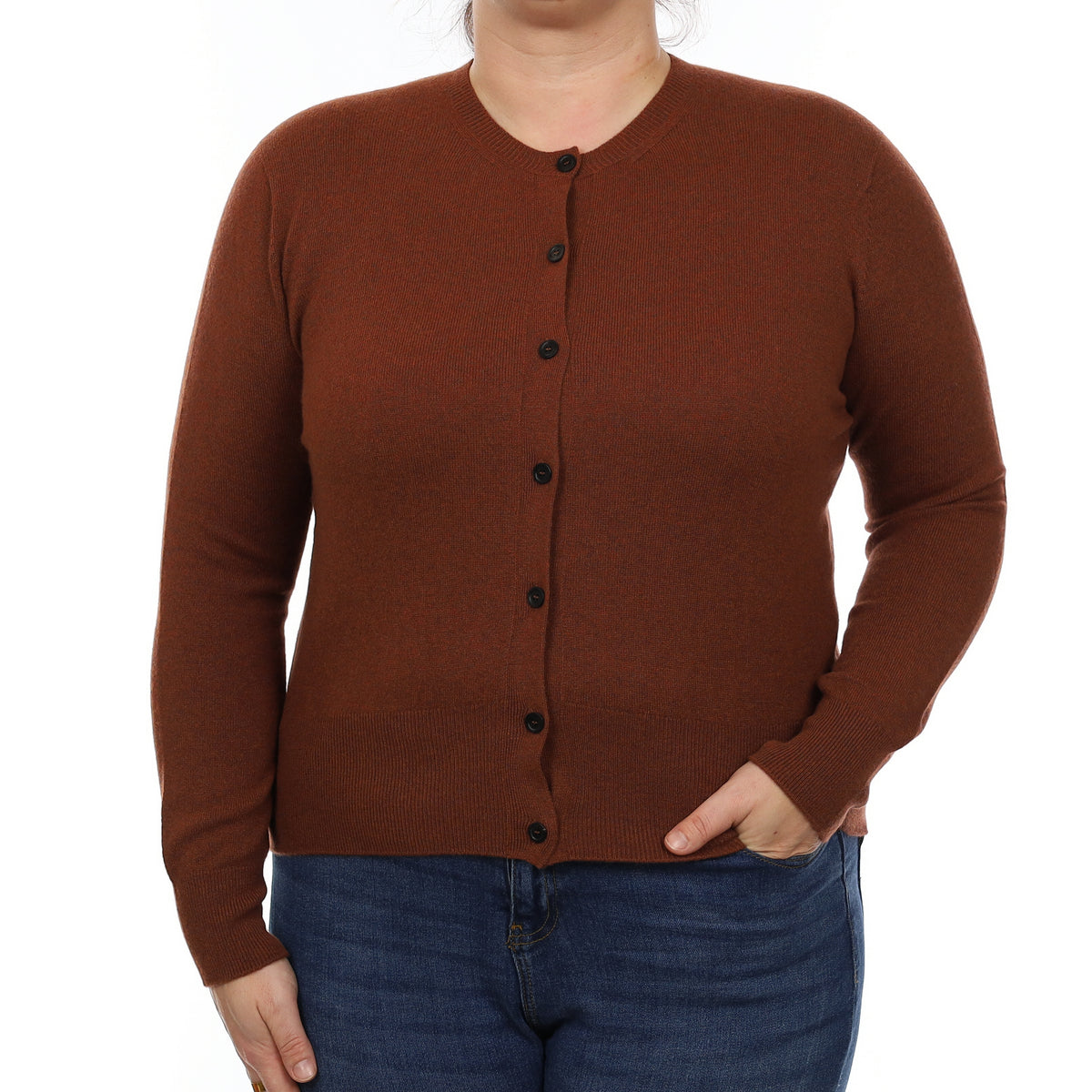 Brand New Scottish Rust Brown Cashmere Crew Neck Cardigan Large