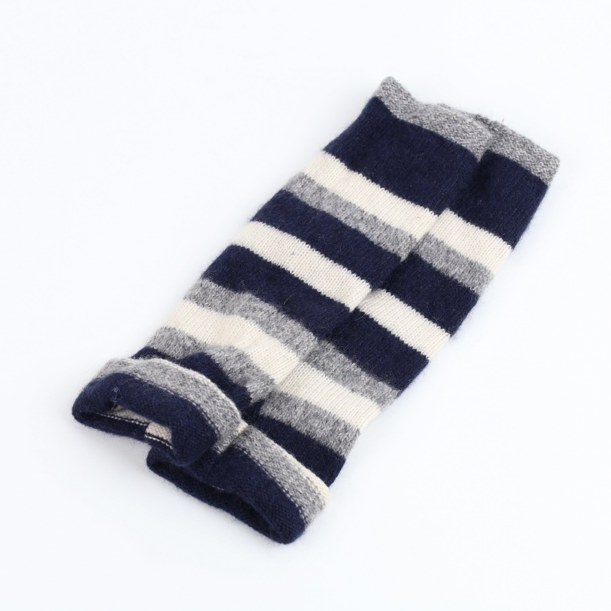 Navy, Grey and Cream Striped Fingerless Gloves