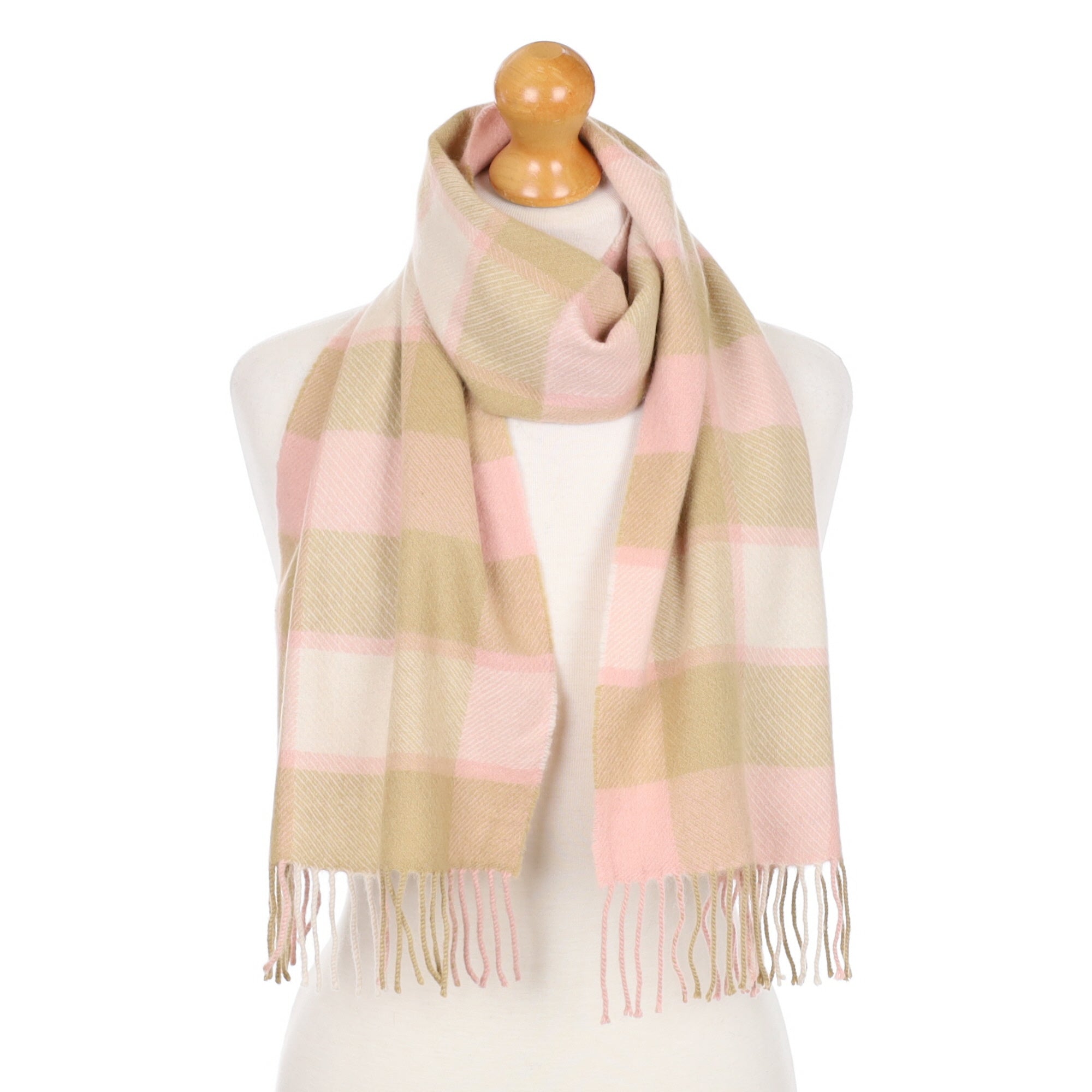 Pink and Caramel Checked Fringed Cashmere Woven Scarf