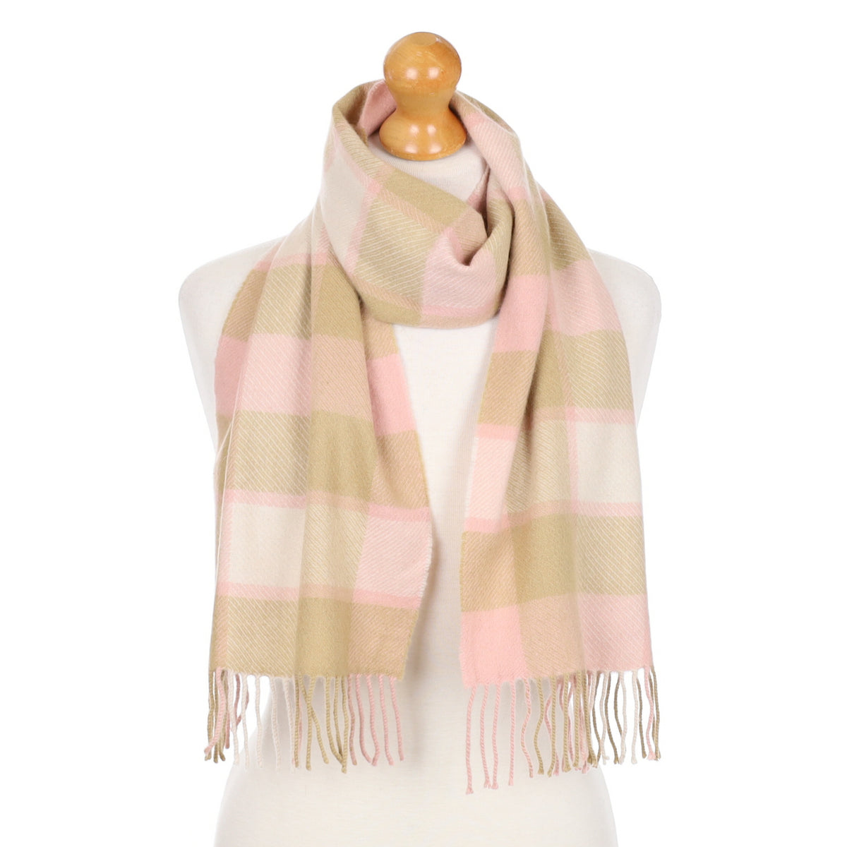 Pink and Caramel Checked Fringed Cashmere Woven Scarf