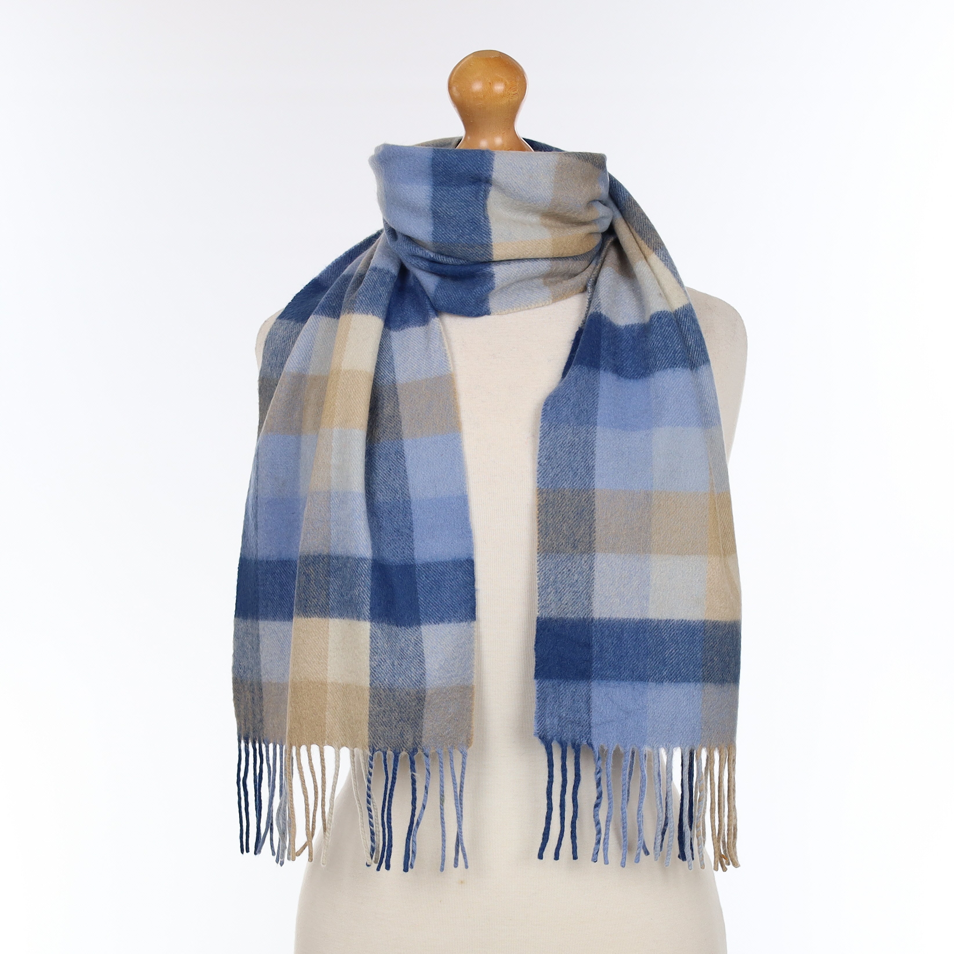 Blue and Beige Checked Cashmere Woven Scarf