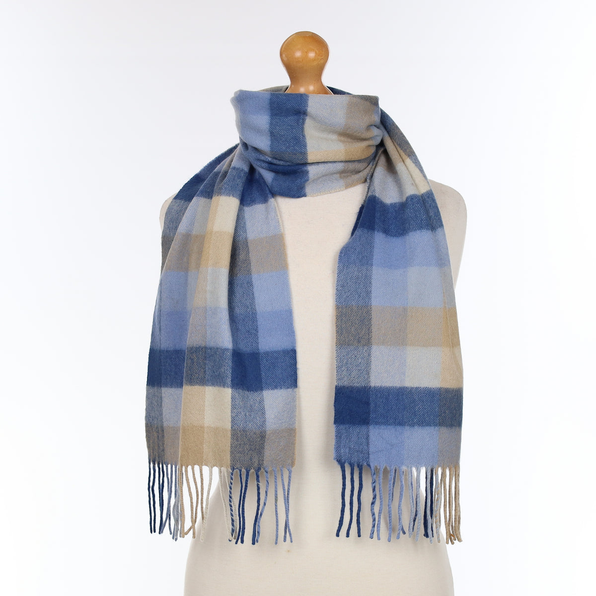 Blue and Beige Checked Cashmere Woven Scarf