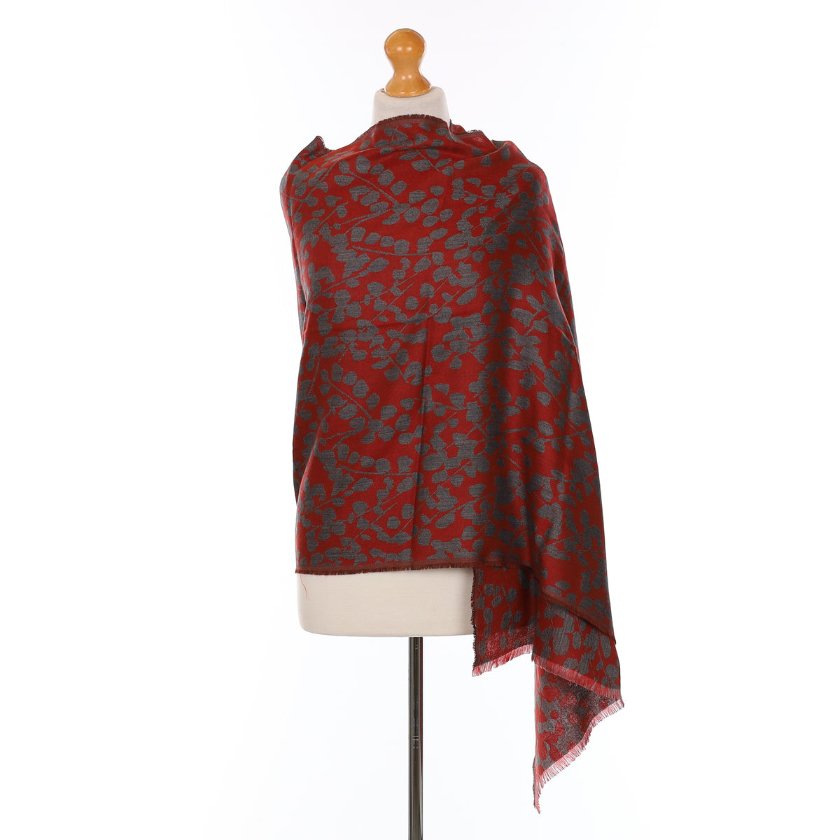 Brand New Begg & Co Brick Red and Grey Floral Cashmere Blend Woven Wrap