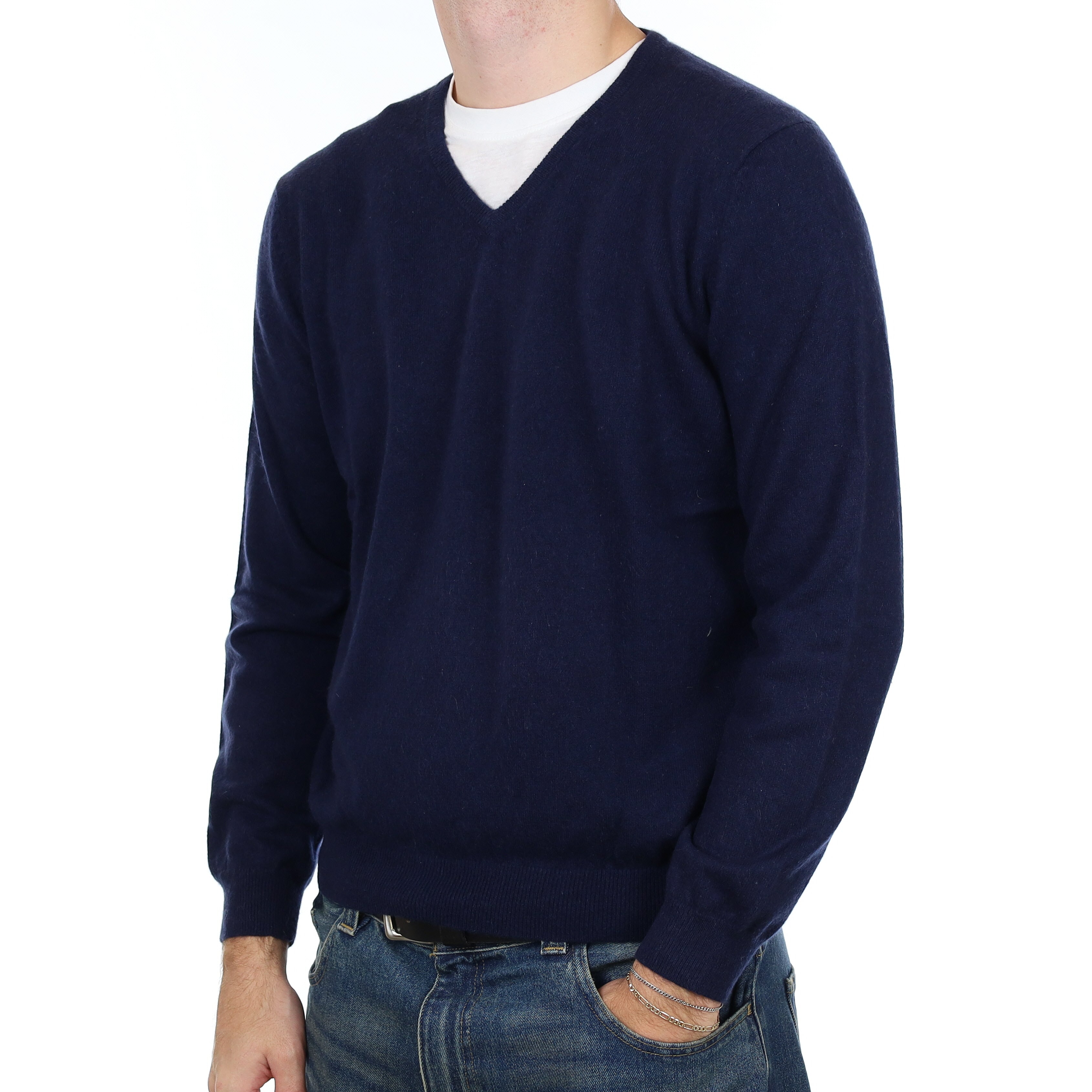 Men’s Navy Cashmere V Neck Jumper Large