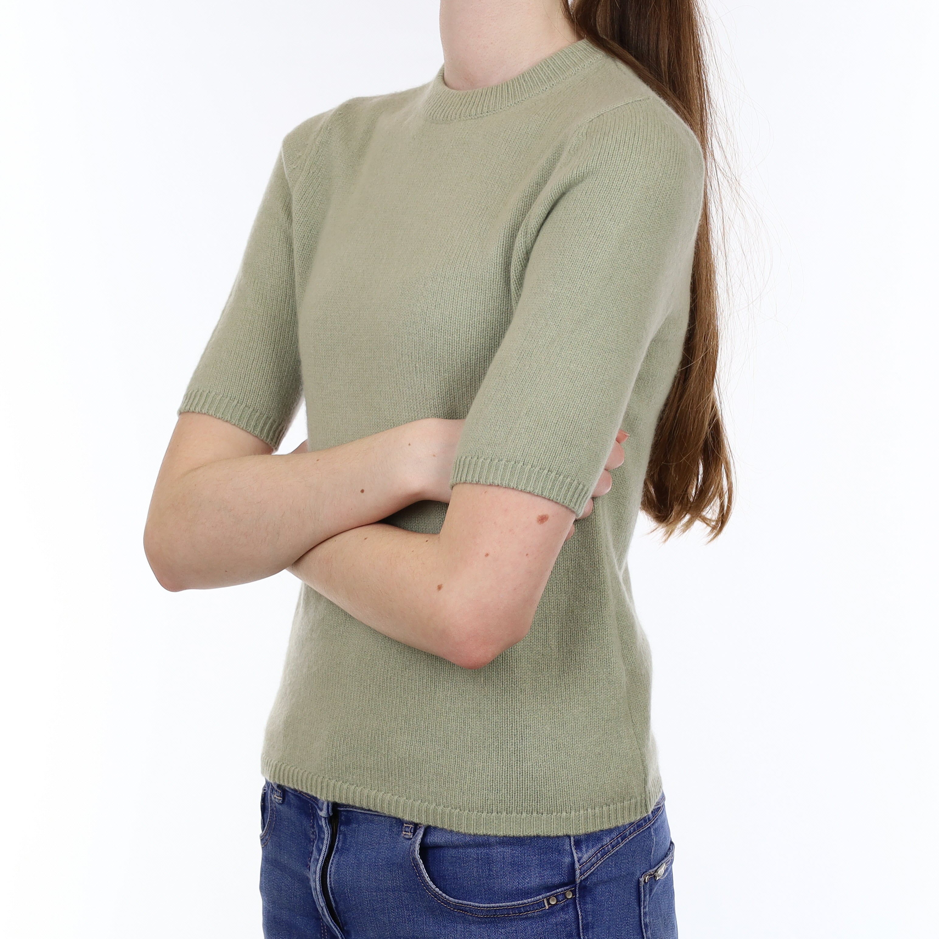 Hazy Green Cashmere Short Sleeved Crew Neck Jumper Extra Small