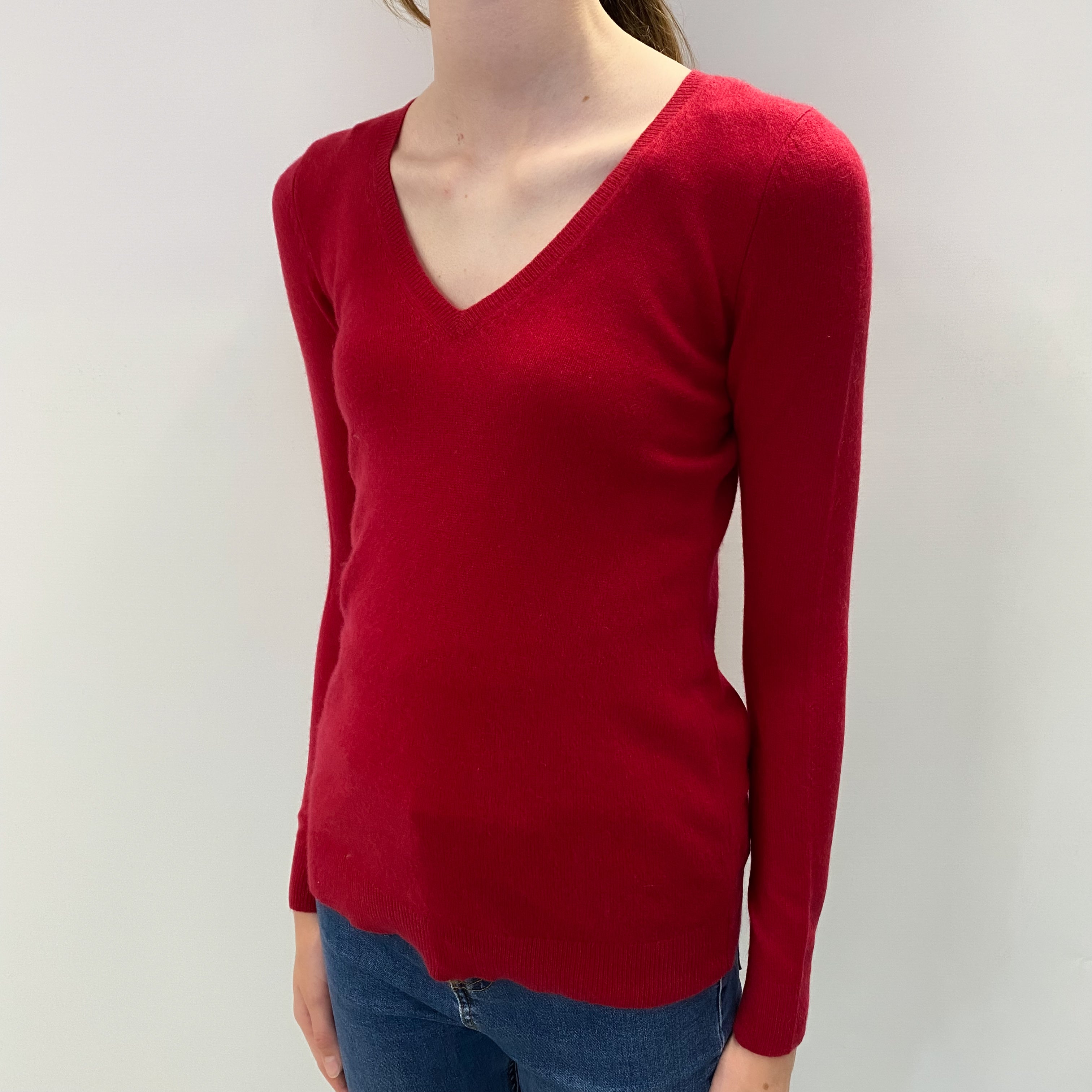 Post Box Red Cashmere V Neck Jumper Extra Small