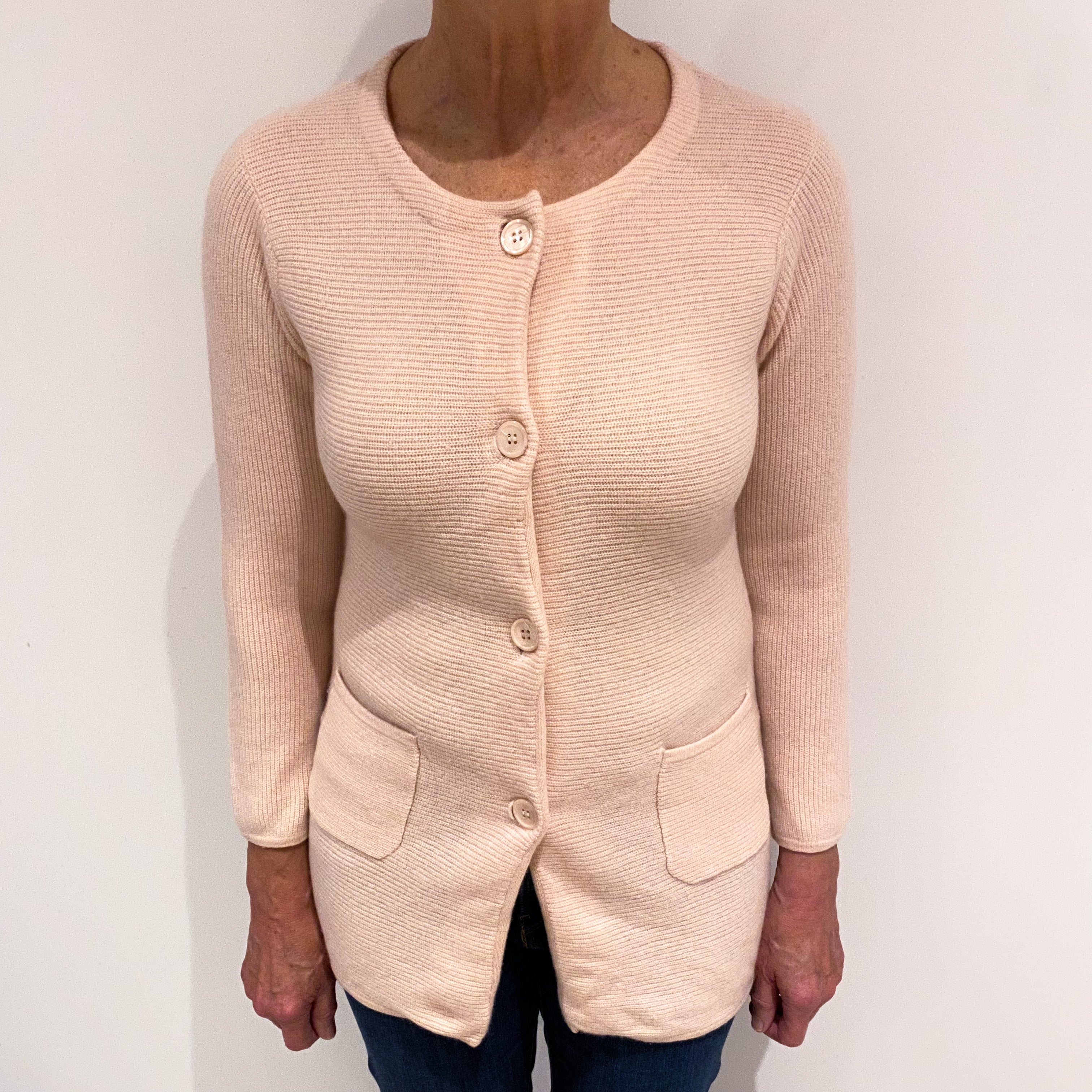 Shell Pink Longline Cashmere Crew Neck Cardigan Medium
