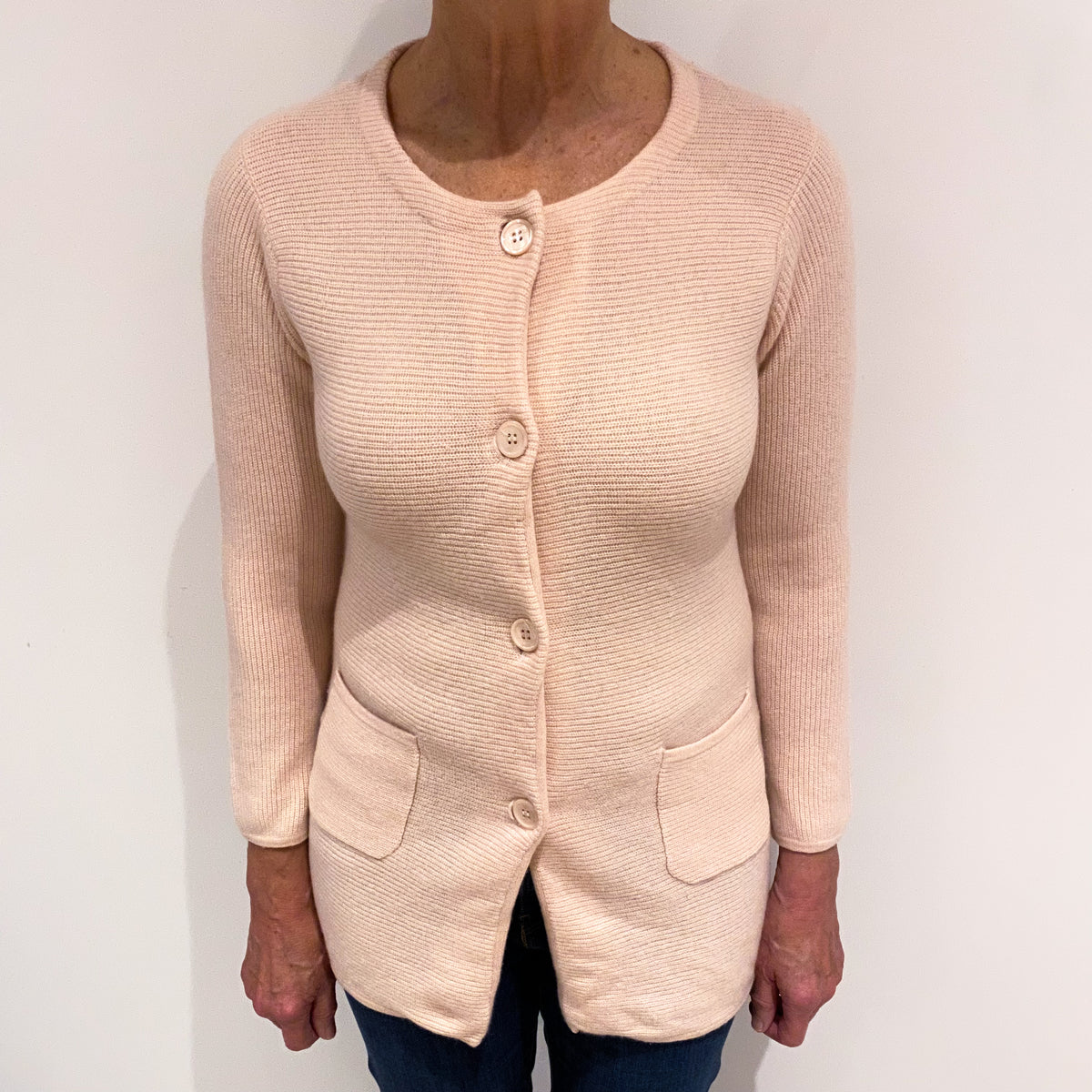 Shell Pink Longline Cashmere Crew Neck Cardigan Medium