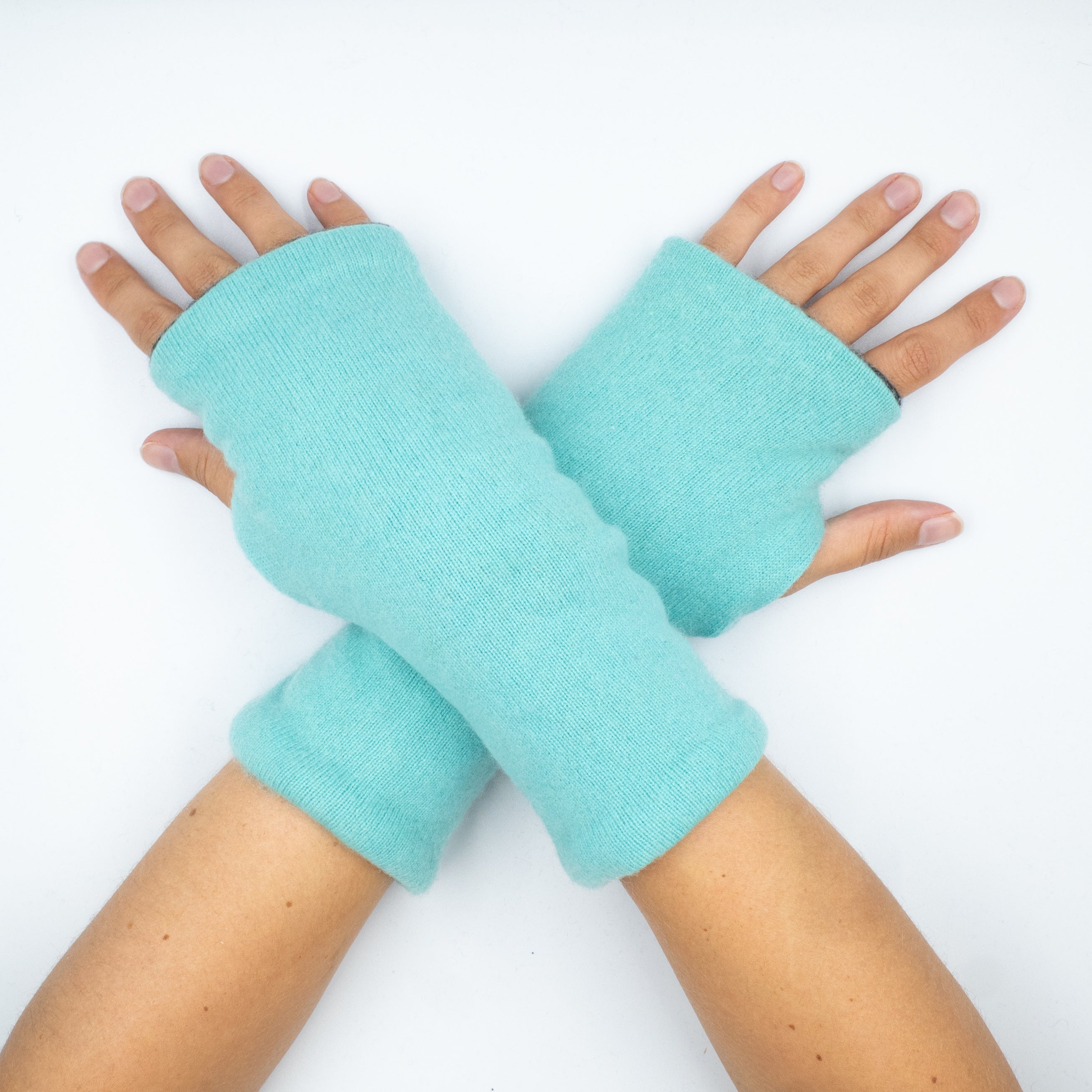 Aqua and Charcoal Luxury Reversible Cashmere Fingerless Gloves