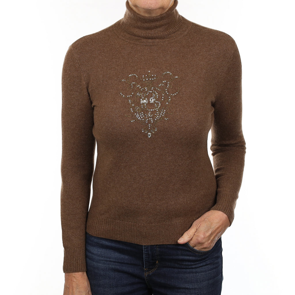 Pecan Brown Diamanté Design Cashmere Polo Neck Jumper Medium