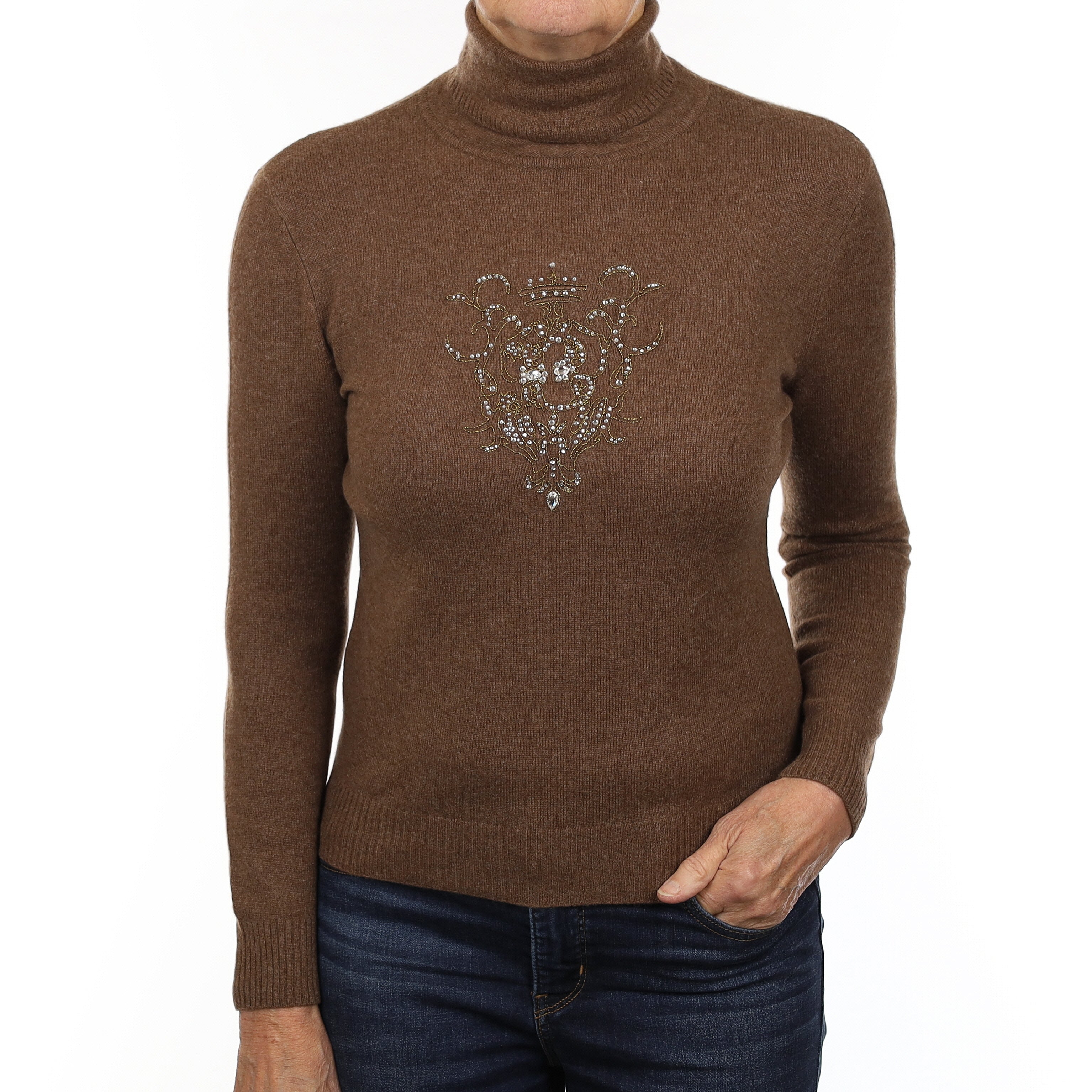 Pecan Brown Diamanté Design Cashmere Polo Neck Jumper Medium