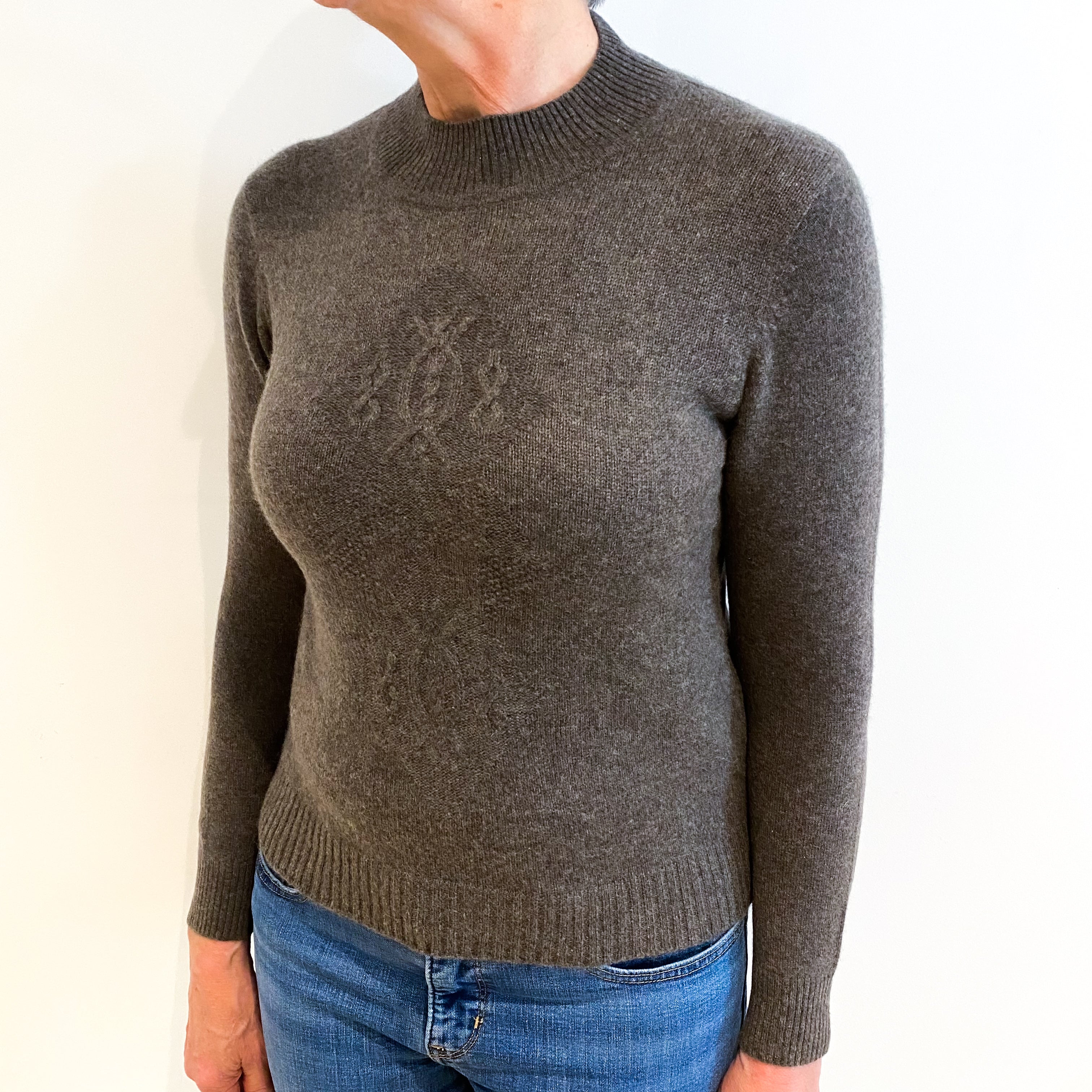 Muted Brown With Cable Design Cashmere Turtle Neck Jumper Medium