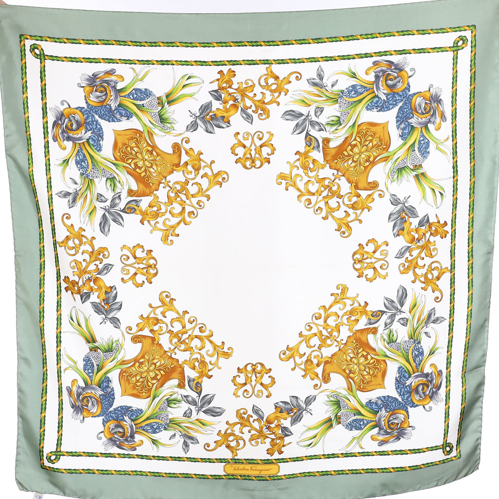 Immaculate Salvatore Ferragamo Cream Patterned Silk Scarf