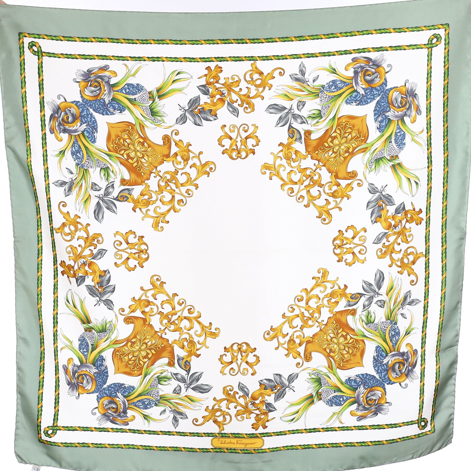 Immaculate Salvatore Ferragamo Cream Patterned Silk Scarf