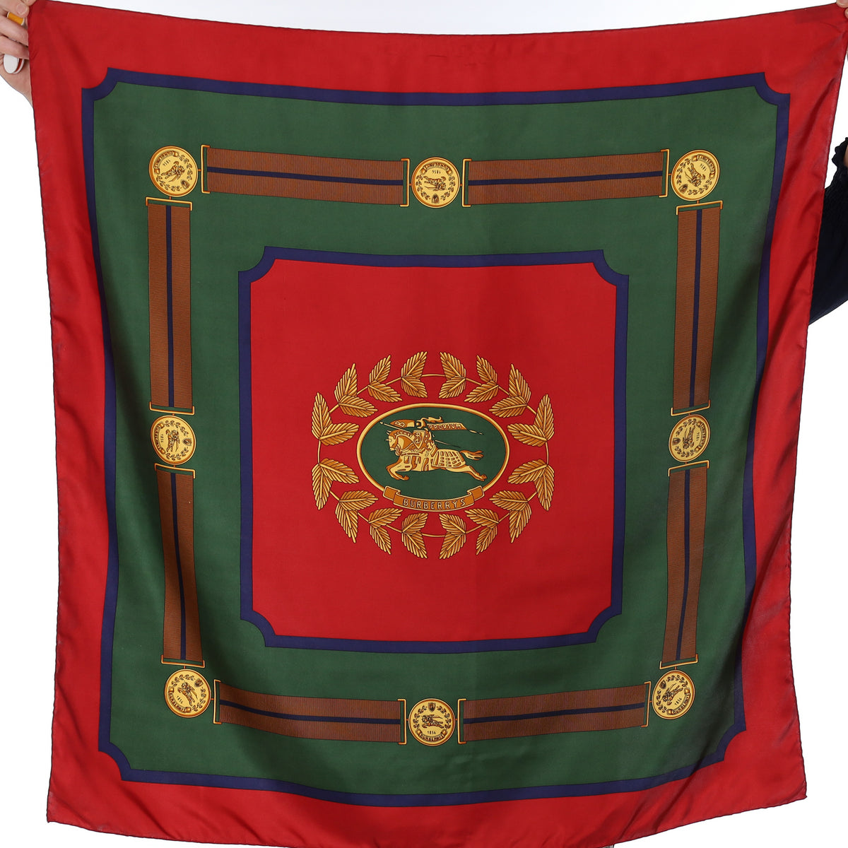 Burberrys Green And Red Logo Vintage Silk Scarf